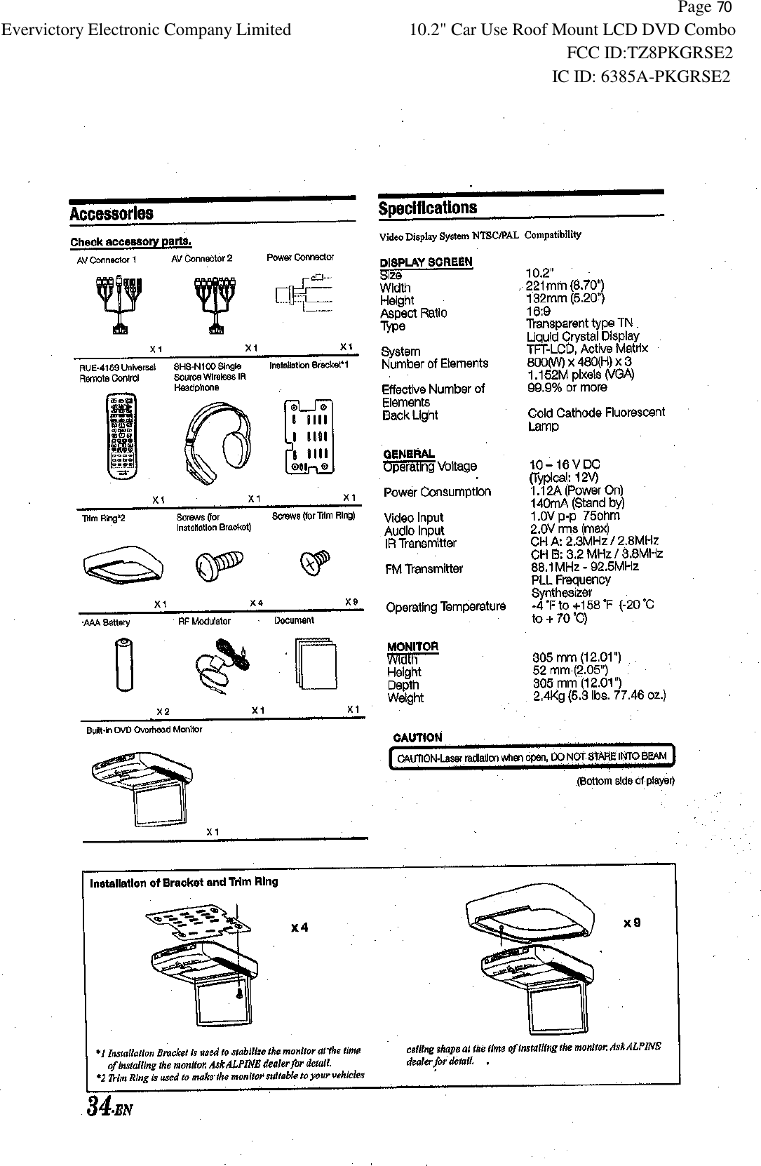           Page 70 Evervictory Electronic Company Limited 10.2" Car Use Roof Mount LCD DVD Combo                                                              FCC ID:TZ8PKGRSE2                                                            IC ID: 6385A-PKGRSE2   