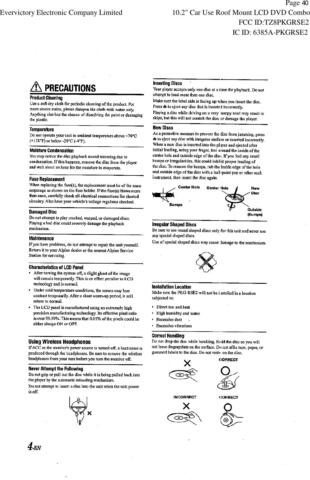           Page 40 Evervictory Electronic Company Limited 10.2" Car Use Roof Mount LCD DVD Combo                                                              FCC ID:TZ8PKGRSE2                                                            IC ID: 6385A-PKGRSE2   