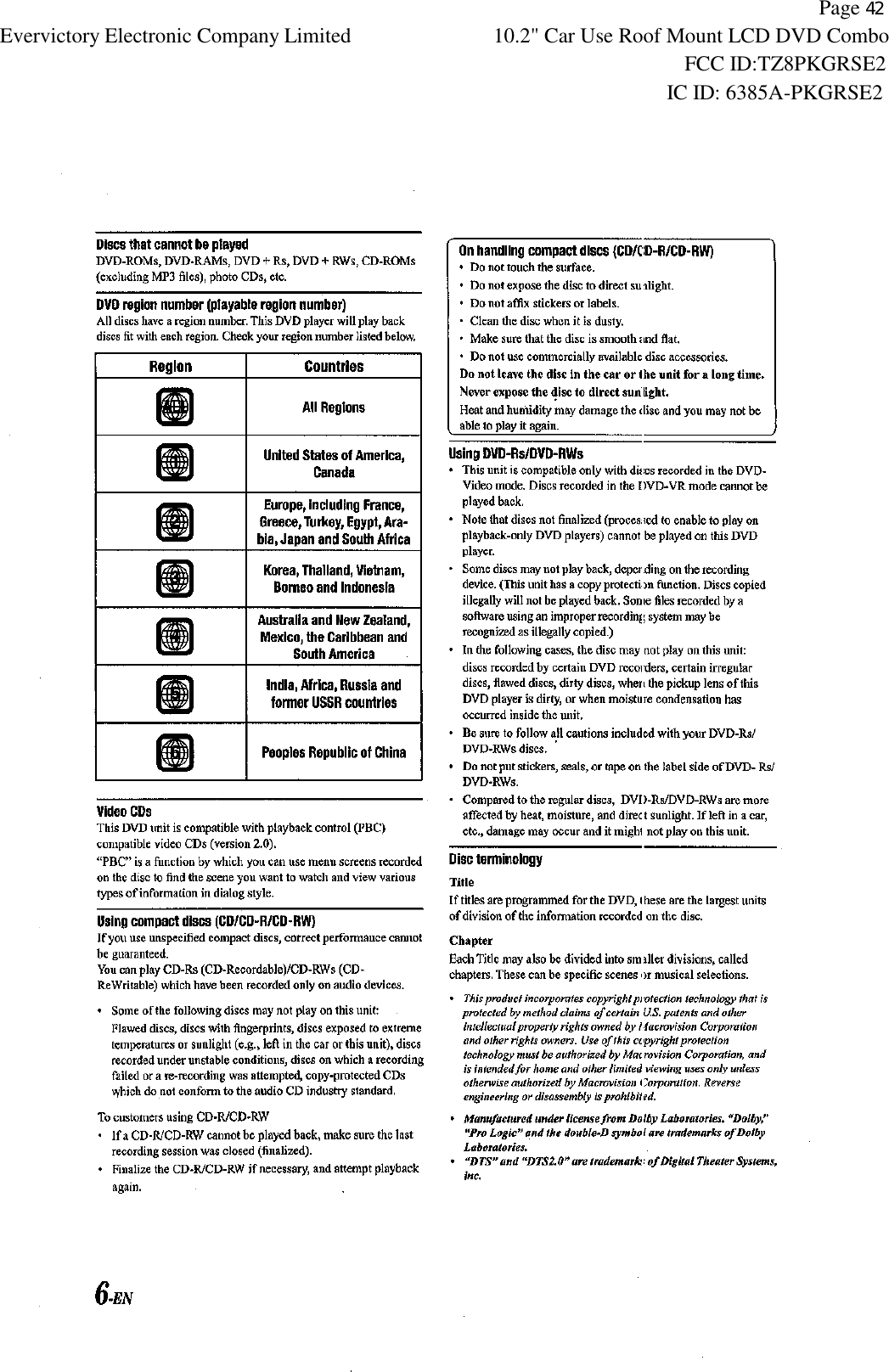           Page 42 Evervictory Electronic Company Limited 10.2" Car Use Roof Mount LCD DVD Combo                                                              FCC ID:TZ8PKGRSE2                                                            IC ID: 6385A-PKGRSE2   