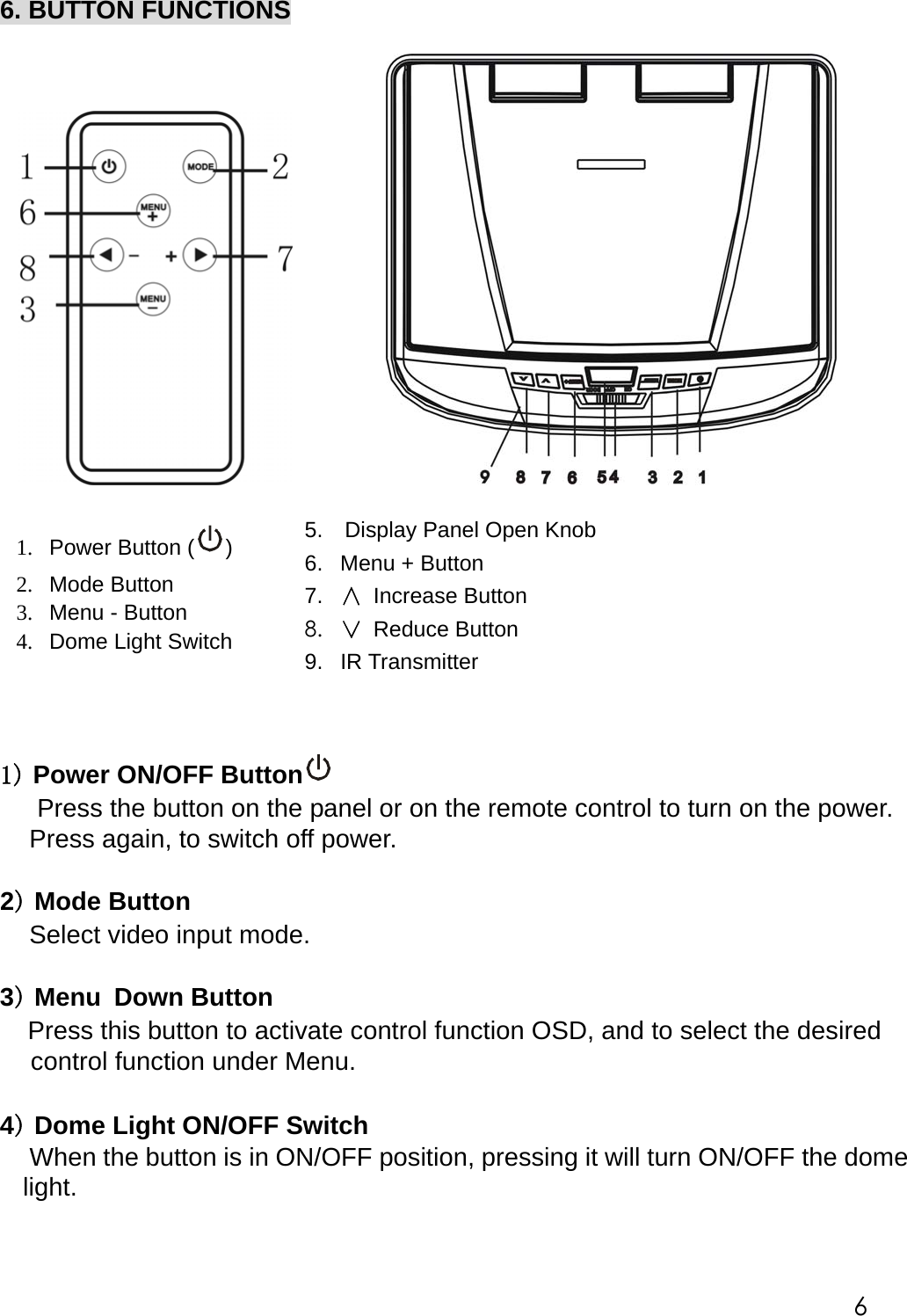 6. BUTTON FUNCTIONS                                1) Power ON/OFF Button        Press the button on the panel or on the remote control to turn on the power. Press again, to switch off power.     2) Mode Button   Select video input mode.  3) Menu Down Button   Press this button to activate control function OSD, and to select the desired control function under Menu.  4) Dome Light ON/OFF Switch       When the button is in ON/OFF position, pressing it will turn ON/OFF the dome light.     1.  Power Button ( ) 2.  Mode Button 3.  Menu - Button 4.  Dome Light Switch   5.    Display Panel Open Knob 6.  Menu + Button 7.  &and; Increase Button 8.  &or; Reduce Button 9.  IR Transmitter      6 