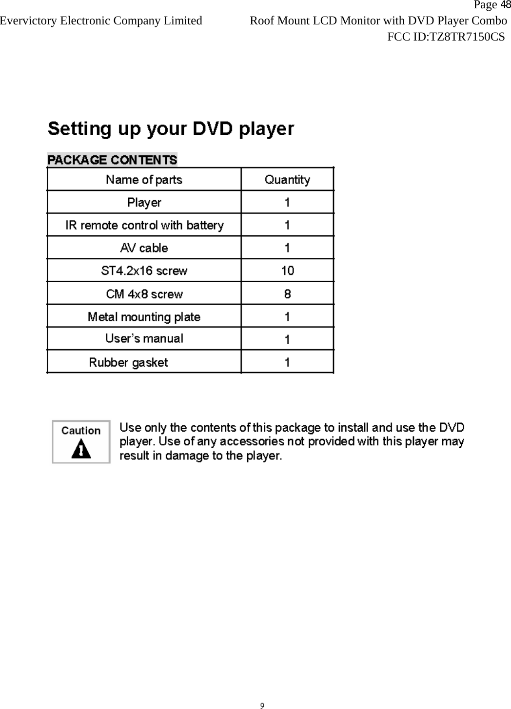                   Page 48Evervictory Electronic Company Limited Roof Mount LCD Monitor with DVD Player Combo                                                              FCC ID:TZ8TR7150CS   