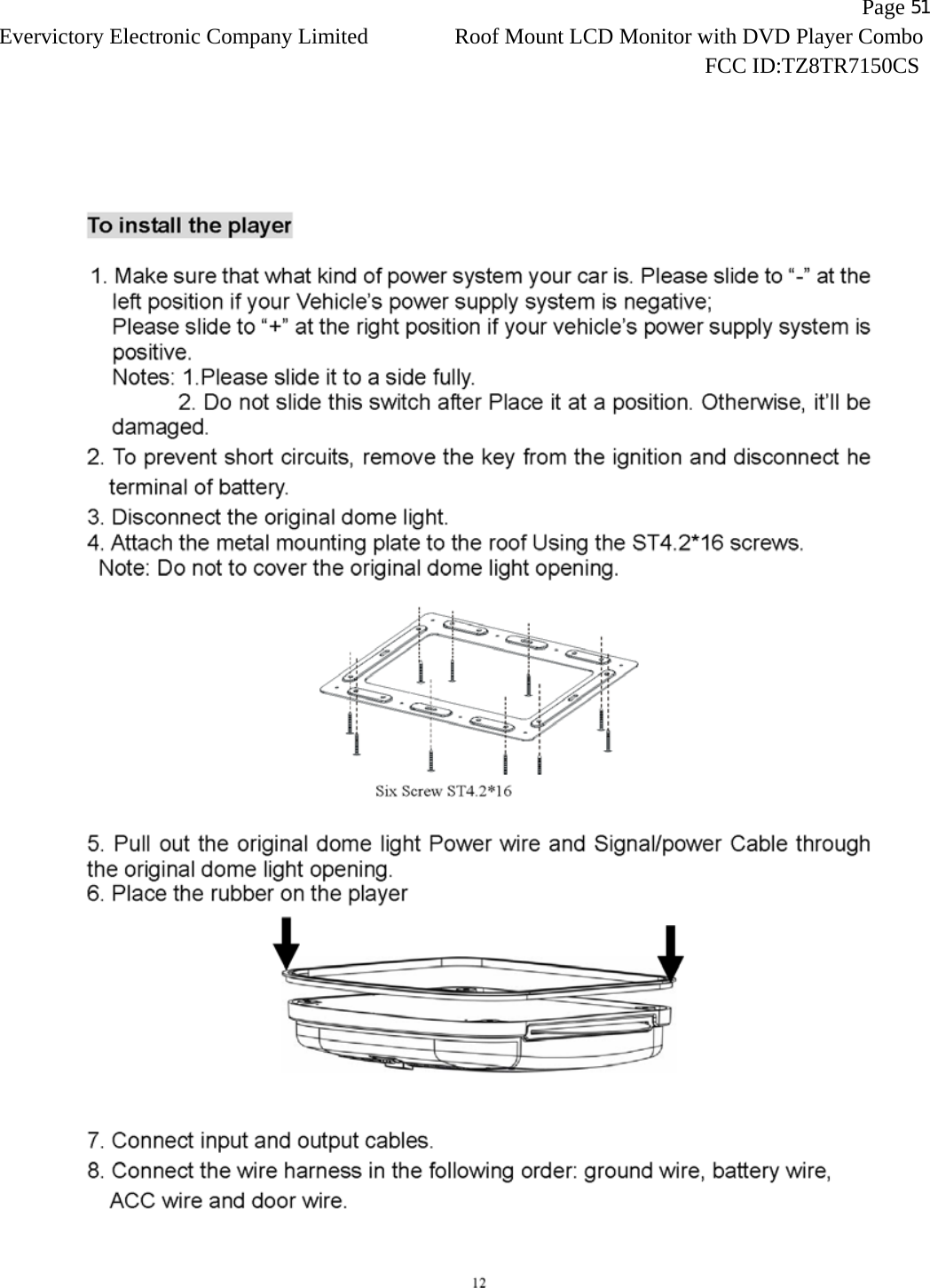                   Page 51Evervictory Electronic Company Limited Roof Mount LCD Monitor with DVD Player Combo                                                              FCC ID:TZ8TR7150CS   