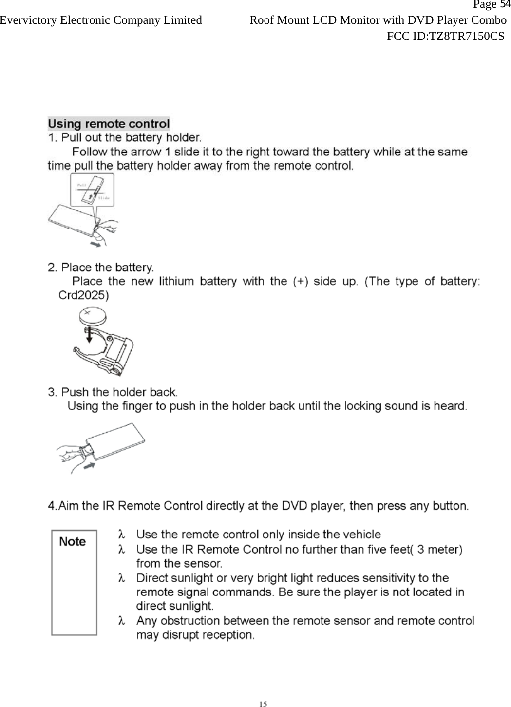                   Page 54Evervictory Electronic Company Limited Roof Mount LCD Monitor with DVD Player Combo                                                              FCC ID:TZ8TR7150CS   