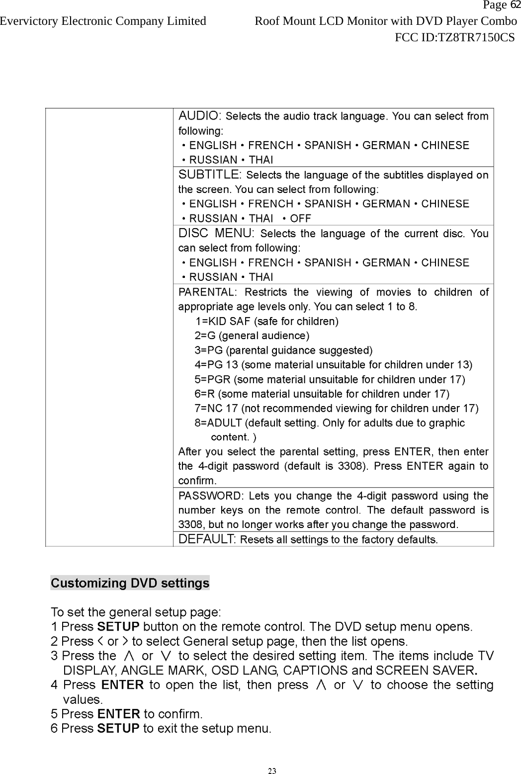                   Page 62Evervictory Electronic Company Limited Roof Mount LCD Monitor with DVD Player Combo                                                              FCC ID:TZ8TR7150CS   