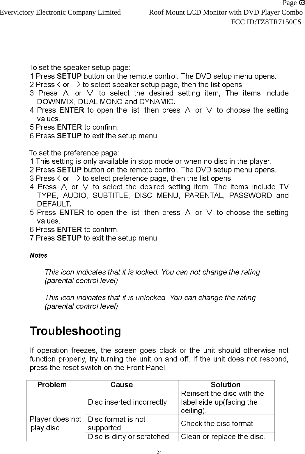                   Page 63Evervictory Electronic Company Limited Roof Mount LCD Monitor with DVD Player Combo                                                              FCC ID:TZ8TR7150CS   