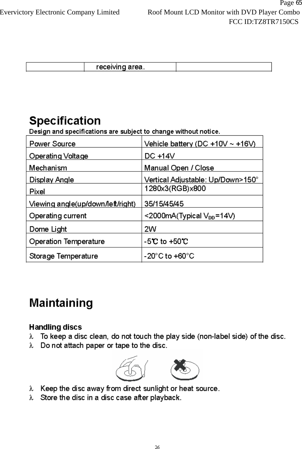                   Page 65Evervictory Electronic Company Limited Roof Mount LCD Monitor with DVD Player Combo                                                              FCC ID:TZ8TR7150CS   