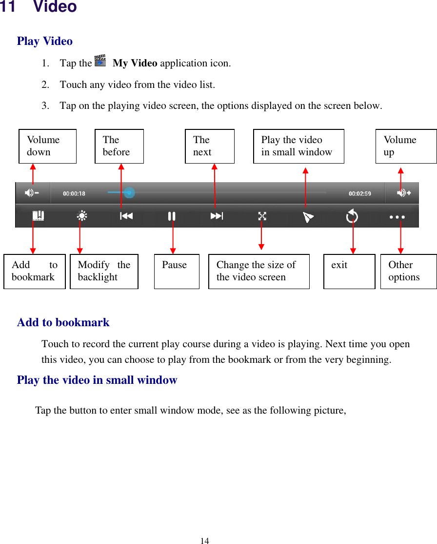    14  11    Video Play Video 1. Tap the   My Video application icon. 2. Touch any video from the video list. 3. Tap on the playing video screen, the options displayed on the screen below.           Add to bookmark Touch to record the current play course during a video is playing. Next time you open this video, you can choose to play from the bookmark or from the very beginning.   Play the video in small window    Tap the button to enter small window mode, see as the following picture, Change the size of   the video screen Play the video   in small window exit Add  to bookmark Modify  the backlight Pause Other options Volume up Volume down The before The next 