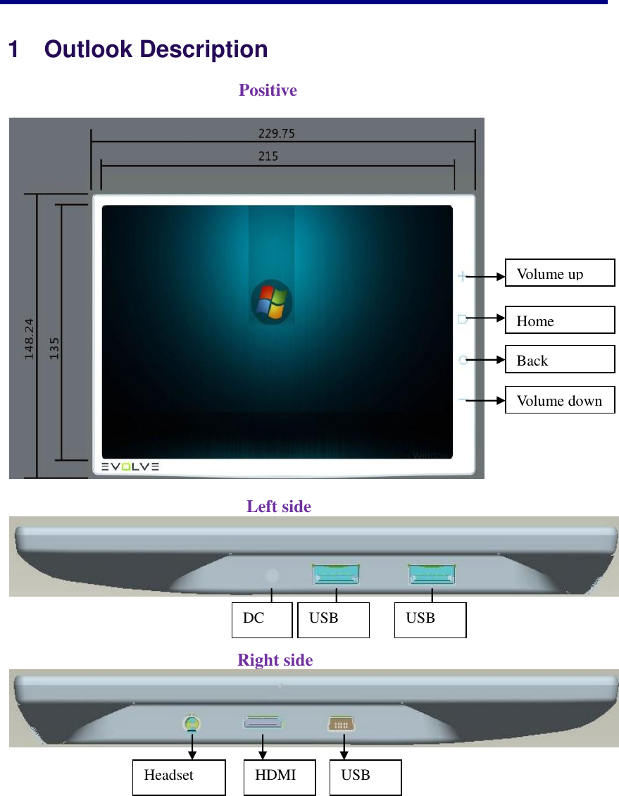    2    1    Outlook Description                                                             Positive                                                         Left side                                                        Right side   USB USB Headset HDMI USB   DC Volume up Home Back Volume down 