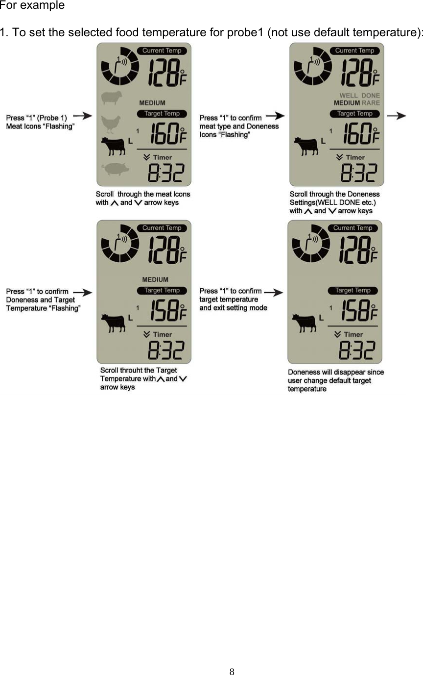  8For example  1. To set the selected food temperature for probe1 (not use default temperature):                    