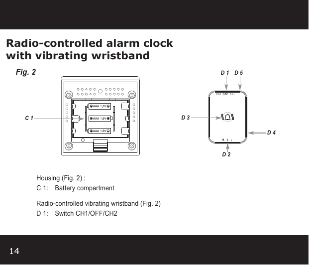 14Radio-controlled alarm clockwith vibrating wristbandFig. 2D 4D 3C 1D 2D 1 D 5Housing (Fig. 2):C 1: Battery compartment Radio-controlled vibrating wristband (Fig. 2)D 1:  Switch CH1/OFF/CH2