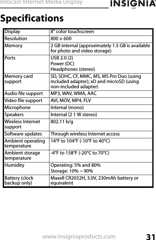 Infocast Internet Media Display31www.insigniaproducts.comSpecificationsDisplay 8&quot; color touchscreenResolution 800 × 600 Memory 2 GB internal (approximately 1.5 GB is available for photo and video storage)Ports USB 2.0 (2)Power (DC)Headphones (stereo)Memory card supportSD, SDHC, CF, MMC, MS, MS Pro Duo (using included adapter); xD and microSD (using non-included adapter)Audio file support MP3, WAV, WMA, AAC Video file support AVI, MOV, MP4, FLVMicrophone Internal (mono)Speakers Internal (2 1 W stereo)Wireless Internet support802.11 b/gSoftware updates Through wireless Internet accessAmbient operating temperature14°F to 104°F (-10°F to 40°C)Ambient storage temperature-4°F to 158°F (-20°C to 70°C)Humidity Operating: 5% and 80%Storage: 10% ~ 90%Battery (clock backup only)Maxell CR2032H, 3.0V, 230mAh battery or equivalent