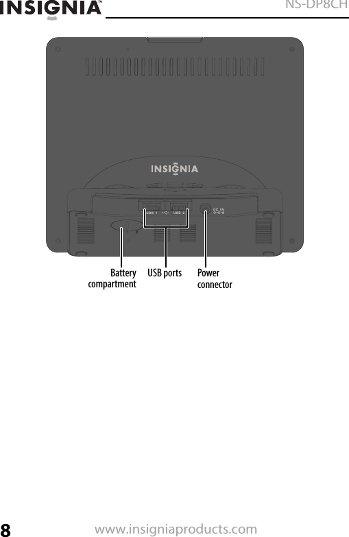 8NS-DP8CHwww.insigniaproducts.comBatterycompartmentPower connectorUSB ports