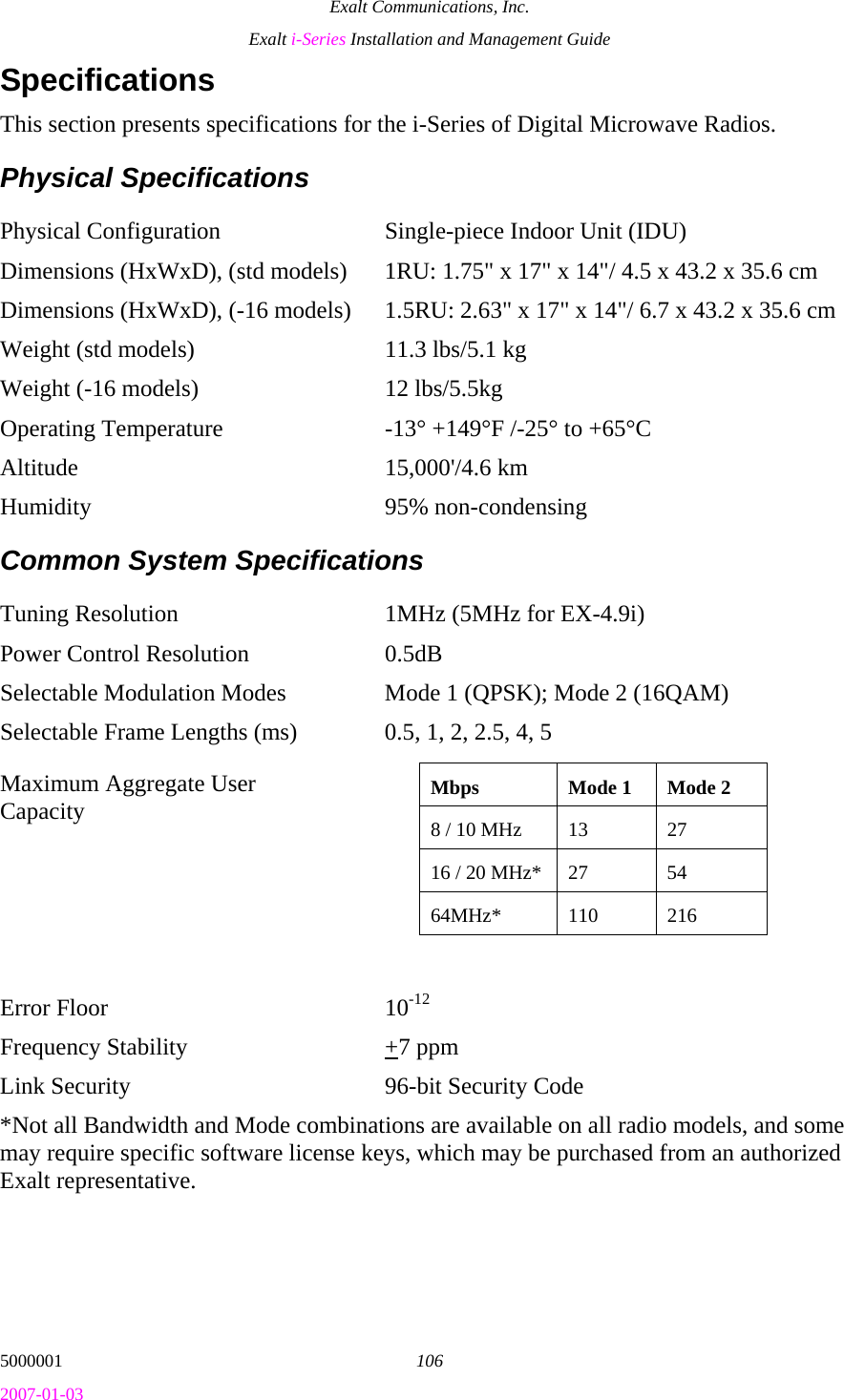Exalt Communications, Inc. Exalt i-Series Installation and Management Guide 5000001  106 2007-01-03 Specifications This section presents specifications for the i-Series of Digital Microwave Radios. Physical Specifications Physical Configuration  Single-piece Indoor Unit (IDU) Dimensions (HxWxD), (std models)  1RU: 1.75&quot; x 17&quot; x 14&quot;/ 4.5 x 43.2 x 35.6 cm Dimensions (HxWxD), (-16 models)  1.5RU: 2.63&quot; x 17&quot; x 14&quot;/ 6.7 x 43.2 x 35.6 cm Weight (std models)  11.3 lbs/5.1 kg Weight (-16 models)  12 lbs/5.5kg Operating Temperature  -13° +149°F /-25° to +65°C Altitude 15,000&apos;/4.6 km  Humidity 95% non-condensing Common System Specifications Tuning Resolution  1MHz (5MHz for EX-4.9i) Power Control Resolution  0.5dB Selectable Modulation Modes  Mode 1 (QPSK); Mode 2 (16QAM) Selectable Frame Lengths (ms)  0.5, 1, 2, 2.5, 4, 5 Maximum Aggregate User Capacity      Error Floor  10-12 Frequency Stability  +7 ppm Link Security  96-bit Security Code *Not all Bandwidth and Mode combinations are available on all radio models, and some may require specific software license keys, which may be purchased from an authorized Exalt representative.  Mbps  Mode 1  Mode 2 8 / 10 MHz  13  27 16 / 20 MHz*  27  54 64MHz* 110 216 
