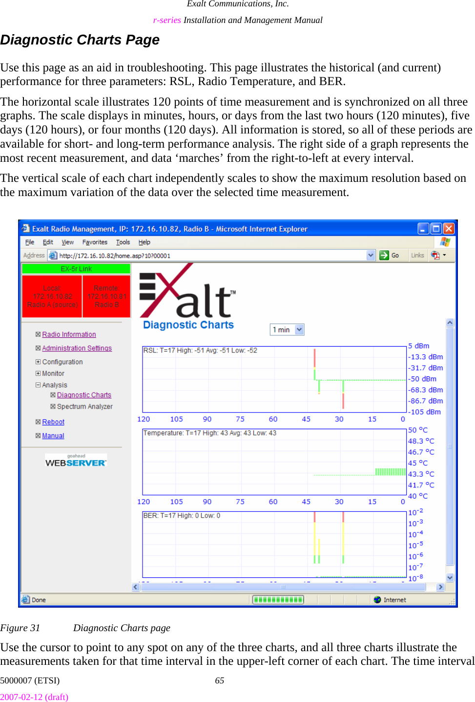 Exalt Communications, Inc. r-series Installation and Management Manual 5000007 (ETSI)  65 2007-02-12 (draft)  Diagnostic Charts Page Use this page as an aid in troubleshooting. This page illustrates the historical (and current) performance for three parameters: RSL, Radio Temperature, and BER. The horizontal scale illustrates 120 points of time measurement and is synchronized on all three graphs. The scale displays in minutes, hours, or days from the last two hours (120 minutes), five  days (120 hours), or four months (120 days). All information is stored, so all of these periods are available for short- and long-term performance analysis. The right side of a graph represents the most recent measurement, and data ‘marches’ from the right-to-left at every interval. The vertical scale of each chart independently scales to show the maximum resolution based on the maximum variation of the data over the selected time measurement.  Figure 31  Diagnostic Charts page Use the cursor to point to any spot on any of the three charts, and all three charts illustrate the measurements taken for that time interval in the upper-left corner of each chart. The time interval 