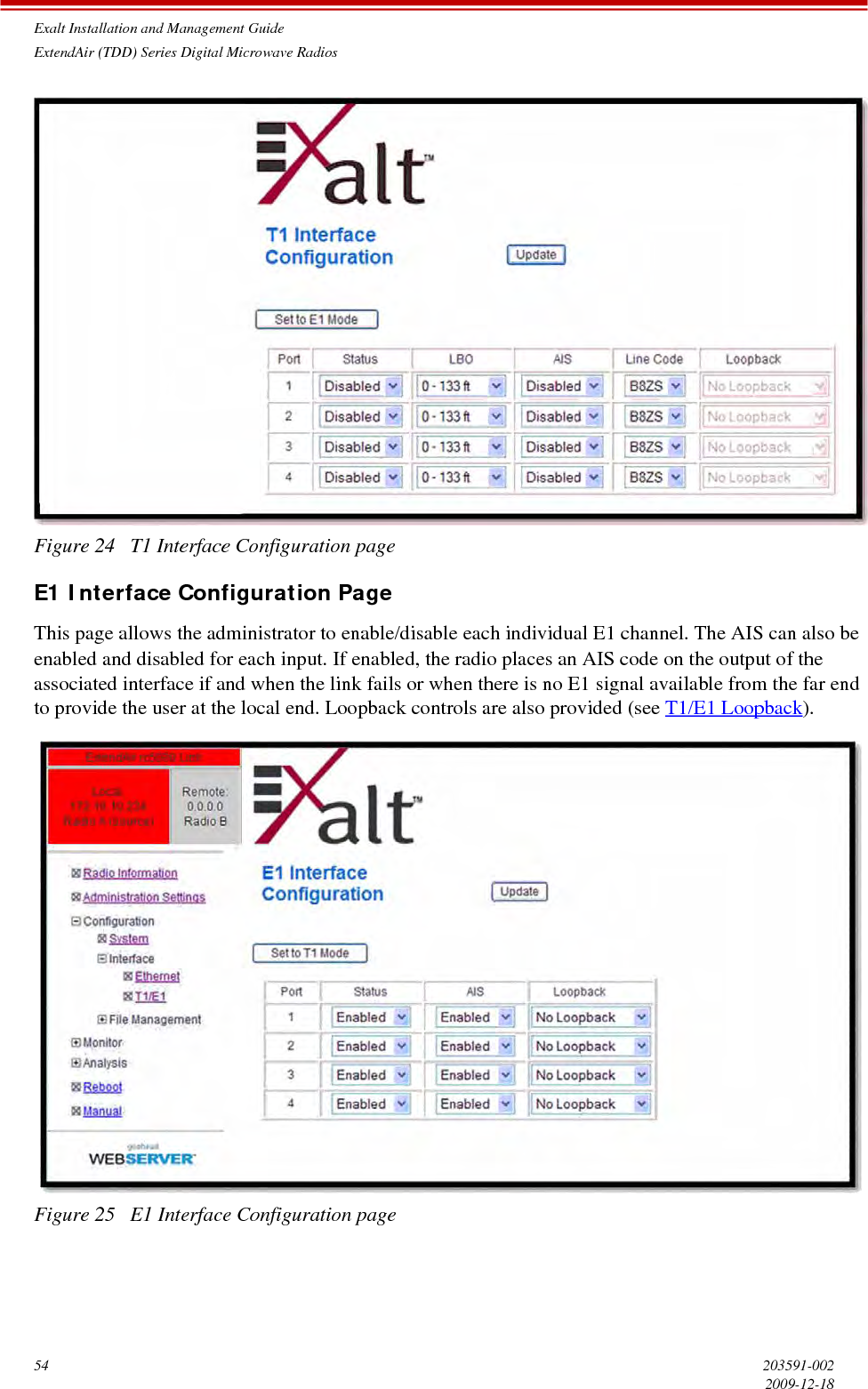 Exalt Installation and Management GuideExtendAir (TDD) Series Digital Microwave Radios54 203591-0022009-12-18Figure 24   T1 Interface Configuration pageE1 Interface Configuration PageThis page allows the administrator to enable/disable each individual E1 channel. The AIS can also be enabled and disabled for each input. If enabled, the radio places an AIS code on the output of the associated interface if and when the link fails or when there is no E1 signal available from the far end to provide the user at the local end. Loopback controls are also provided (see T1/E1 Loopback).Figure 25   E1 Interface Configuration page