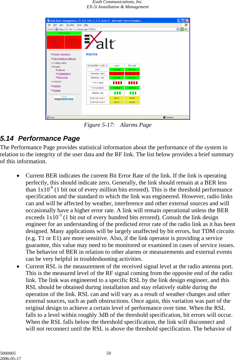 Exalt Communications, Inc. EX-5i Installation &amp; Management 5000005  50 2006-05-17                Figure 5-17:  Alarms Page 5.14 Performance Page The Performance Page provides statistical information about the performance of the system in relation to the integrity of the user data and the RF link. The list below provides a brief summary of this information.  • Current BER indicates the current Bit Error Rate of the link. If the link is operating perfectly, this should indicate zero. Generally, the link should remain at a BER less than 1x10-6 (1 bit out of every million bits errored). This is the threshold performance specification and the standard to which the link was engineered. However, radio links can and will be affected by weather, interference and other external sources and will occasionally have a higher error rate. A link will remain operational unless the BER exceeds 1x10-3 (1 bit out of every hundred bits errored). Consult the link design engineer for an understanding of the predicted error rate of the radio link as it has been designed. Many applications will be largely unaffected by bit errors, but TDM circuits (e.g. T1 or E1) are more sensitive. Also, if the link operator is providing a service guarantee, this value may need to be monitored or examined in cases of service issues. The behavior of BER in relation to other alarms or measurements and external events can be very helpful in troubleshooting activities. • Current RSL is the measurement of the received signal level at the radio antenna port. This is the measured level of the RF signal coming from the opposite end of the radio link. The link was engineered to a specific RSL by the link design engineer, and this RSL should be obtained during installation and stay relatively stable during the operation of the link. RSL can and will vary as a result of weather changes and other external sources, such as path obstructions. Once again, this variation was part of the original design to achieve a certain level of performance over time. When the RSL falls to a level within roughly 3dB of the threshold specification, bit errors will occur. When the RSL falls below the threshold specification, the link will disconnect and will not reconnect until the RSL is above the threshold specification. The behavior of 