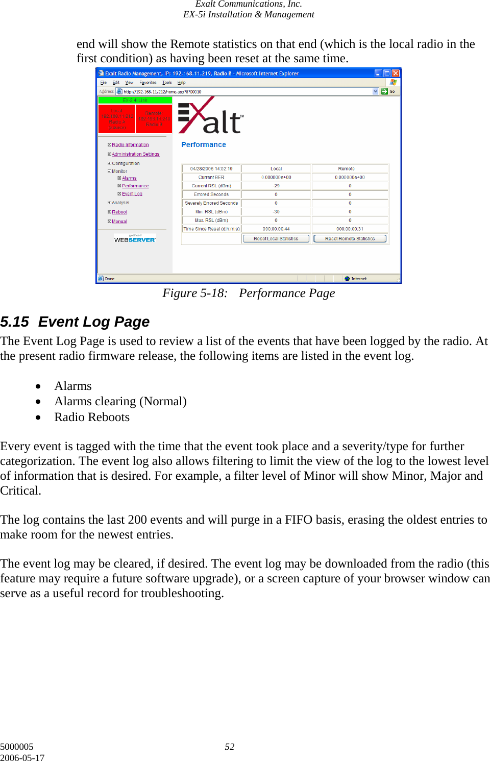Exalt Communications, Inc. EX-5i Installation &amp; Management 5000005  52 2006-05-17 end will show the Remote statistics on that end (which is the local radio in the first condition) as having been reset at the same time.                Figure 5-18:  Performance Page 5.15  Event Log Page The Event Log Page is used to review a list of the events that have been logged by the radio. At the present radio firmware release, the following items are listed in the event log.  • Alarms • Alarms clearing (Normal) • Radio Reboots  Every event is tagged with the time that the event took place and a severity/type for further categorization. The event log also allows filtering to limit the view of the log to the lowest level of information that is desired. For example, a filter level of Minor will show Minor, Major and Critical.   The log contains the last 200 events and will purge in a FIFO basis, erasing the oldest entries to make room for the newest entries.  The event log may be cleared, if desired. The event log may be downloaded from the radio (this feature may require a future software upgrade), or a screen capture of your browser window can serve as a useful record for troubleshooting.         