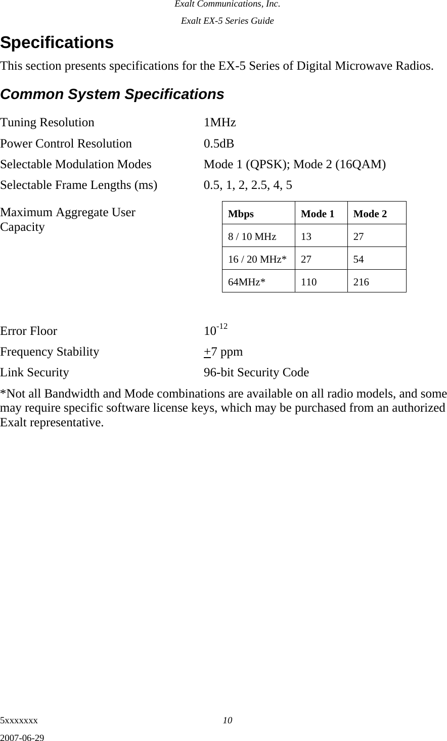 Exalt Communications, Inc. Exalt EX-5 Series Guide 5xxxxxxx  10 2007-06-29 Specifications This section presents specifications for the EX-5 Series of Digital Microwave Radios. Common System Specifications Tuning Resolution  1MHz  Power Control Resolution  0.5dB Selectable Modulation Modes  Mode 1 (QPSK); Mode 2 (16QAM) Selectable Frame Lengths (ms)  0.5, 1, 2, 2.5, 4, 5 Maximum Aggregate User Capacity      Error Floor  10-12 Frequency Stability  +7 ppm Link Security  96-bit Security Code *Not all Bandwidth and Mode combinations are available on all radio models, and some may require specific software license keys, which may be purchased from an authorized Exalt representative. Mbps  Mode 1  Mode 2 8 / 10 MHz  13  27 16 / 20 MHz*  27  54 64MHz* 110 216 