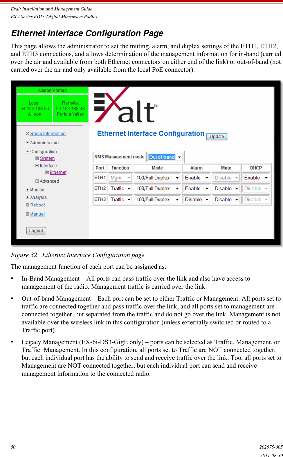 Exalt Installation and Management GuideEX-i Series FDD  Digital Microwave Radios50 202675-0052011-08-30Ethernet Interface Configuration PageThis page allows the administrator to set the muting, alarm, and duplex settings of the ETH1, ETH2, and ETH3 connections, and allows determination of the management information for in-band (carried over the air and available from both Ethernet connectors on either end of the link) or out-of-band (not carried over the air and only available from the local PoE connector).Figure 32   Ethernet Interface Configuration pageThe management function of each port can be assigned as:•In-Band Management – All ports can pass traffic over the link and also have access to management of the radio. Management traffic is carried over the link. •Out-of-band Management – Each port can be set to either Traffic or Management. All ports set to traffic are connected together and pass traffic over the link, and all ports set to management are connected together, but separated from the traffic and do not go over the link. Management is not available over the wireless link in this configuration (unless externally switched or routed to a Traffic port).•Legacy Management (EX-6i-DS3-GigE only) – ports can be selected as Traffic, Management, or Traffic+Management. In this configuration, all ports set to Traffic are NOT connected together, but each individual port has the ability to send and receive traffic over the link. Too, all ports set to Management are NOT connected together, but each individual port can send and receive management information to the connected radio.