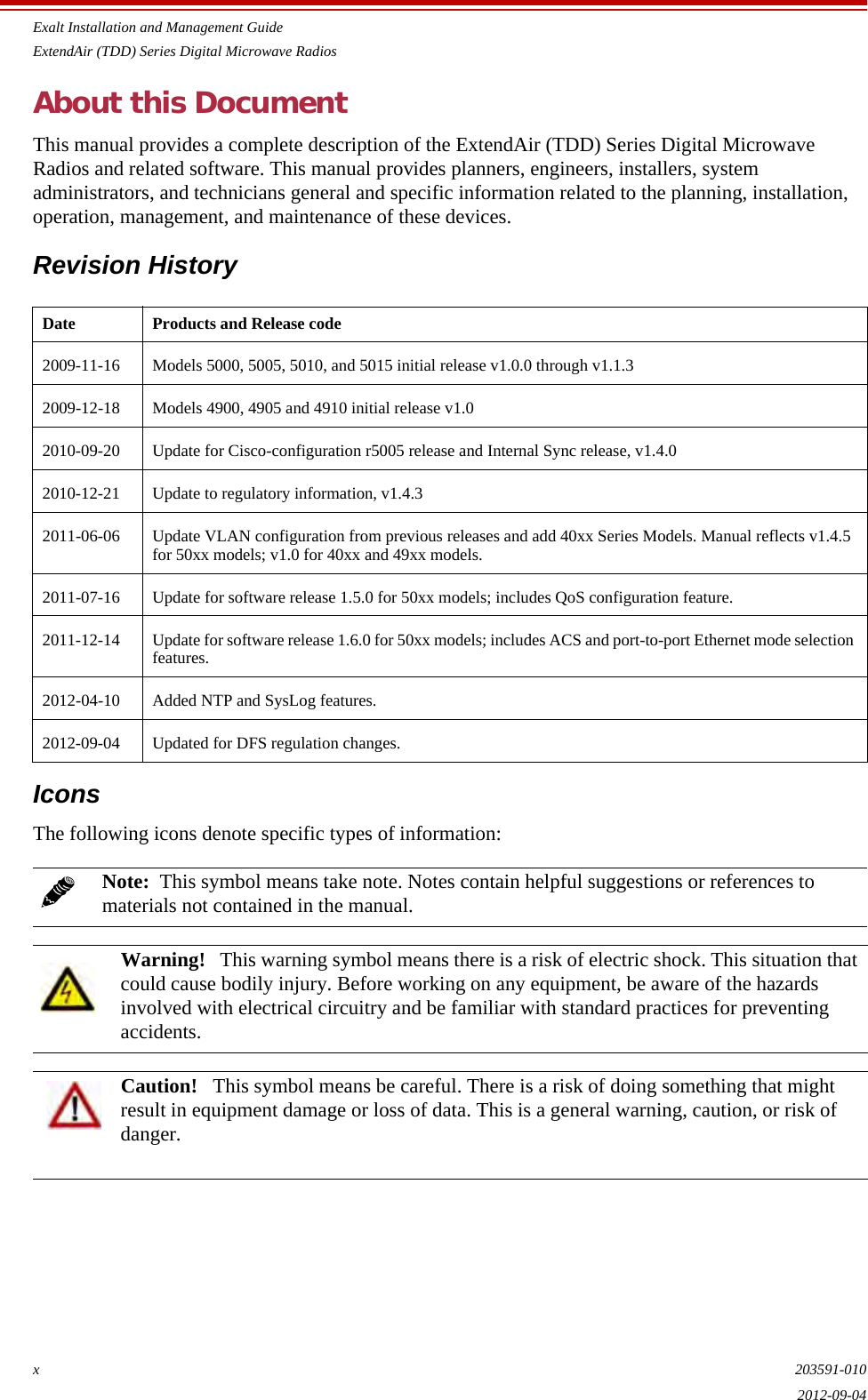 Exalt Installation and Management GuideExtendAir (TDD) Series Digital Microwave Radiosx203591-0102012-09-04About this DocumentThis manual provides a complete description of the ExtendAir (TDD) Series Digital Microwave Radios and related software. This manual provides planners, engineers, installers, system administrators, and technicians general and specific information related to the planning, installation, operation, management, and maintenance of these devices.Revision HistoryIconsThe following icons denote specific types of information:Date Products and Release code2009-11-16 Models 5000, 5005, 5010, and 5015 initial release v1.0.0 through v1.1.32009-12-18 Models 4900, 4905 and 4910 initial release v1.02010-09-20 Update for Cisco-configuration r5005 release and Internal Sync release, v1.4.02010-12-21 Update to regulatory information, v1.4.32011-06-06 Update VLAN configuration from previous releases and add 40xx Series Models. Manual reflects v1.4.5 for 50xx models; v1.0 for 40xx and 49xx models.2011-07-16 Update for software release 1.5.0 for 50xx models; includes QoS configuration feature.2011-12-14 Update for software release 1.6.0 for 50xx models; includes ACS and port-to-port Ethernet mode selection features.2012-04-10 Added NTP and SysLog features.2012-09-04 Updated for DFS regulation changes.Note:  This symbol means take note. Notes contain helpful suggestions or references to materials not contained in the manual.Warning!   This warning symbol means there is a risk of electric shock. This situation that could cause bodily injury. Before working on any equipment, be aware of the hazards involved with electrical circuitry and be familiar with standard practices for preventing accidents.Caution!   This symbol means be careful. There is a risk of doing something that might result in equipment damage or loss of data. This is a general warning, caution, or risk of danger.