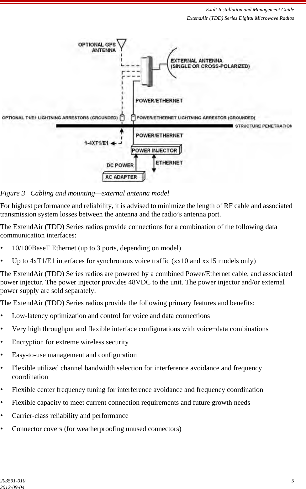 Exalt Installation and Management GuideExtendAir (TDD) Series Digital Microwave Radios203591-010 52012-09-04Figure 3   Cabling and mounting—external antenna model For highest performance and reliability, it is advised to minimize the length of RF cable and associated transmission system losses between the antenna and the radio’s antenna port. The ExtendAir (TDD) Series radios provide connections for a combination of the following data communication interfaces: •10/100BaseT Ethernet (up to 3 ports, depending on model) •Up to 4xT1/E1 interfaces for synchronous voice traffic (xx10 and xx15 models only) The ExtendAir (TDD) Series radios are powered by a combined Power/Ethernet cable, and associated power injector. The power injector provides 48VDC to the unit. The power injector and/or external power supply are sold separately. The ExtendAir (TDD) Series radios provide the following primary features and benefits: •Low-latency optimization and control for voice and data connections •Very high throughput and flexible interface configurations with voice+data combinations •Encryption for extreme wireless security •Easy-to-use management and configuration •Flexible utilized channel bandwidth selection for interference avoidance and frequency coordination •Flexible center frequency tuning for interference avoidance and frequency coordination •Flexible capacity to meet current connection requirements and future growth needs •Carrier-class reliability and performance •Connector covers (for weatherproofing unused connectors) 