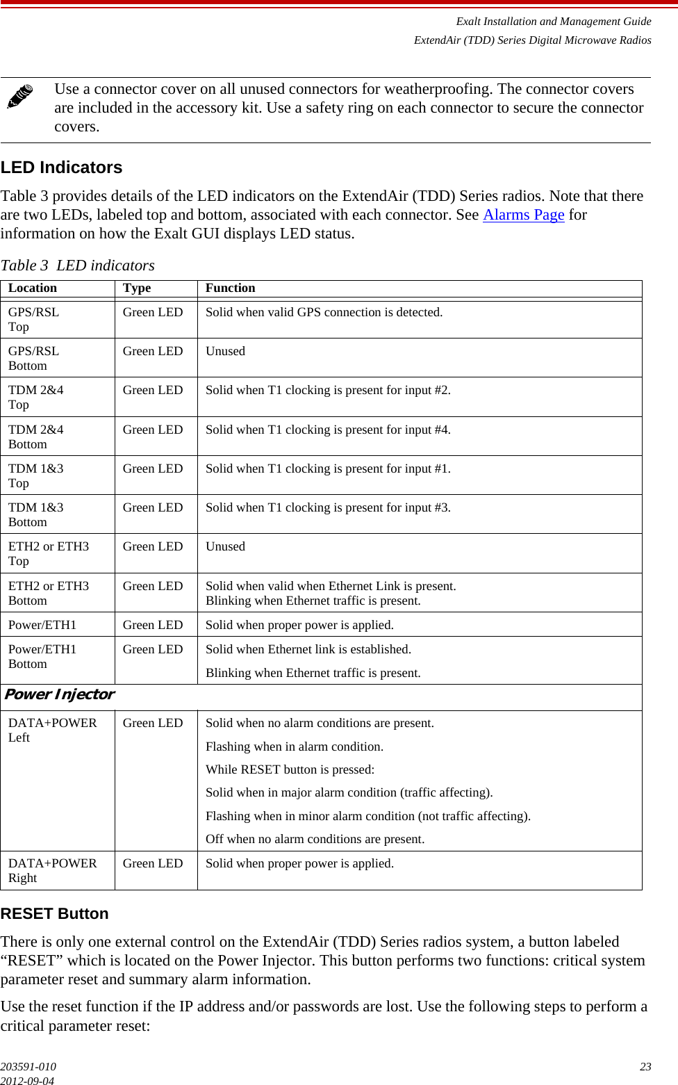 Exalt Installation and Management GuideExtendAir (TDD) Series Digital Microwave Radios203591-010 232012-09-04LED IndicatorsTable 3 provides details of the LED indicators on the ExtendAir (TDD) Series radios. Note that there are two LEDs, labeled top and bottom, associated with each connector. See Alarms Page for information on how the Exalt GUI displays LED status. RESET ButtonThere is only one external control on the ExtendAir (TDD) Series radios system, a button labeled “RESET” which is located on the Power Injector. This button performs two functions: critical system parameter reset and summary alarm information.Use the reset function if the IP address and/or passwords are lost. Use the following steps to perform a critical parameter reset:Use a connector cover on all unused connectors for weatherproofing. The connector covers are included in the accessory kit. Use a safety ring on each connector to secure the connector covers.Table 3  LED indicatorsLocation Type FunctionGPS/RSL Top Green LED Solid when valid GPS connection is detected.GPS/RSLBottom Green LED UnusedTDM 2&amp;4Top Green LED Solid when T1 clocking is present for input #2.TDM 2&amp;4Bottom Green LED Solid when T1 clocking is present for input #4.TDM 1&amp;3Top Green LED Solid when T1 clocking is present for input #1.TDM 1&amp;3Bottom Green LED Solid when T1 clocking is present for input #3.ETH2 or ETH3Top Green LED UnusedETH2 or ETH3Bottom Green LED Solid when valid when Ethernet Link is present. Blinking when Ethernet traffic is present.Power/ETH1 Green LED Solid when proper power is applied.Power/ETH1Bottom Green LED Solid when Ethernet link is established.Blinking when Ethernet traffic is present.Power InjectorDATA+POWERLeft Green LED Solid when no alarm conditions are present. Flashing when in alarm condition.While RESET button is pressed:Solid when in major alarm condition (traffic affecting).Flashing when in minor alarm condition (not traffic affecting).Off when no alarm conditions are present.DATA+POWERRight Green LED Solid when proper power is applied.