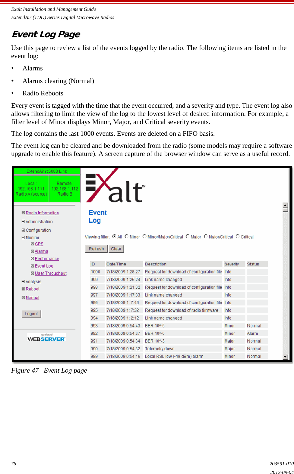 Exalt Installation and Management GuideExtendAir (TDD) Series Digital Microwave Radios76 203591-0102012-09-04Event Log PageUse this page to review a list of the events logged by the radio. The following items are listed in the event log:•Alarms•Alarms clearing (Normal)•Radio RebootsEvery event is tagged with the time that the event occurred, and a severity and type. The event log also allows filtering to limit the view of the log to the lowest level of desired information. For example, a filter level of Minor displays Minor, Major, and Critical severity events. The log contains the last 1000 events. Events are deleted on a FIFO basis.The event log can be cleared and be downloaded from the radio (some models may require a software upgrade to enable this feature). A screen capture of the browser window can serve as a useful record.Figure 47   Event Log page