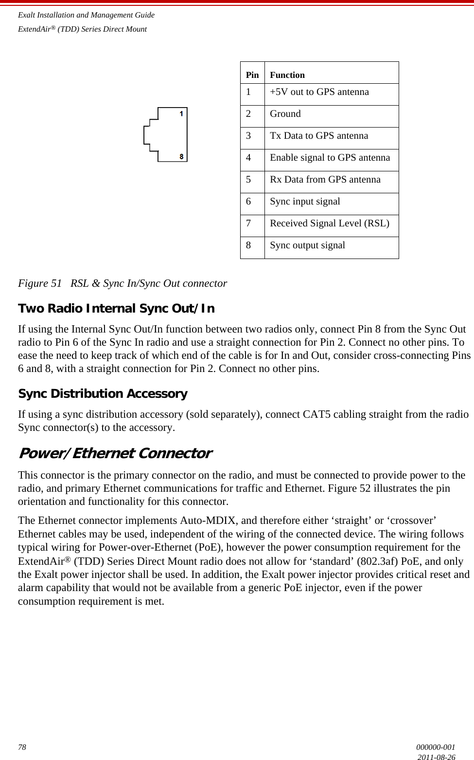 Exalt Installation and Management GuideExtendAir® (TDD) Series Direct Mount78 000000-0012011-08-26Figure 51   RSL &amp; Sync In/Sync Out connectorTwo Radio Internal Sync Out/InIf using the Internal Sync Out/In function between two radios only, connect Pin 8 from the Sync Out radio to Pin 6 of the Sync In radio and use a straight connection for Pin 2. Connect no other pins. To ease the need to keep track of which end of the cable is for In and Out, consider cross-connecting Pins 6 and 8, with a straight connection for Pin 2. Connect no other pins.Sync Distribution AccessoryIf using a sync distribution accessory (sold separately), connect CAT5 cabling straight from the radio Sync connector(s) to the accessory.Power/Ethernet ConnectorThis connector is the primary connector on the radio, and must be connected to provide power to the radio, and primary Ethernet communications for traffic and Ethernet. Figure 52 illustrates the pin orientation and functionality for this connector.The Ethernet connector implements Auto-MDIX, and therefore either ‘straight’ or ‘crossover’ Ethernet cables may be used, independent of the wiring of the connected device. The wiring follows typical wiring for Power-over-Ethernet (PoE), however the power consumption requirement for the ExtendAir® (TDD) Series Direct Mount radio does not allow for ‘standard’ (802.3af) PoE, and only the Exalt power injector shall be used. In addition, the Exalt power injector provides critical reset and alarm capability that would not be available from a generic PoE injector, even if the power consumption requirement is met.Pin Function1 +5V out to GPS antenna2Ground3 Tx Data to GPS antenna4 Enable signal to GPS antenna5 Rx Data from GPS antenna6 Sync input signal7 Received Signal Level (RSL)8 Sync output signal