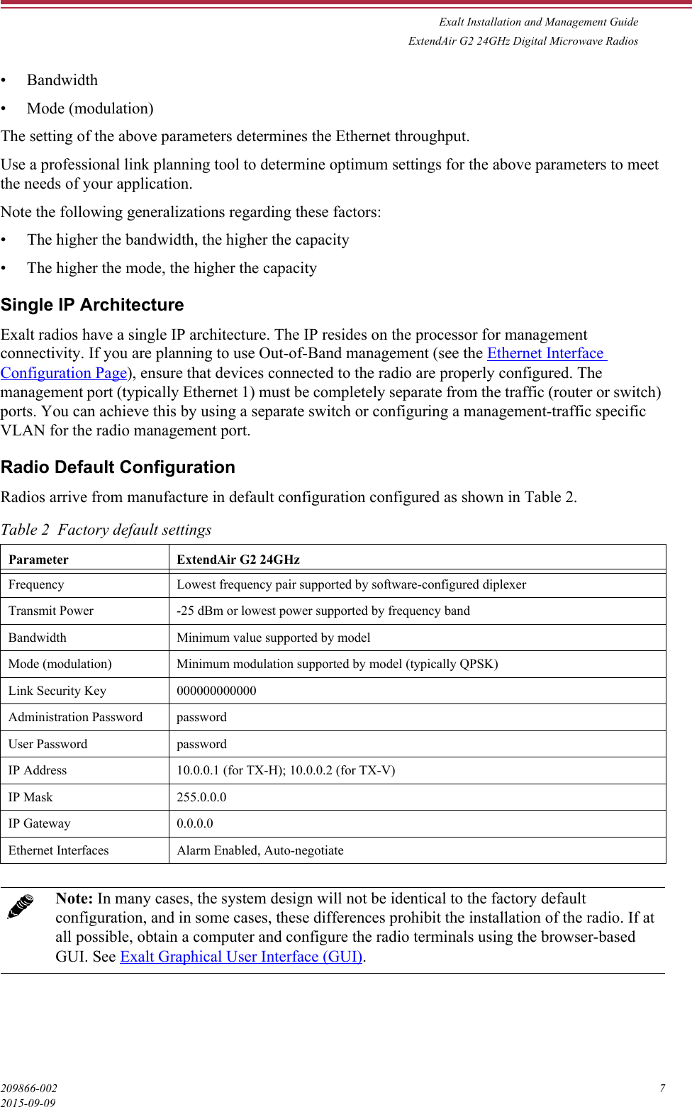 Exalt Installation and Management GuideExtendAir G2 24GHz Digital Microwave Radios209866-002 72015-09-09•Bandwidth• Mode (modulation)The setting of the above parameters determines the Ethernet throughput. Use a professional link planning tool to determine optimum settings for the above parameters to meet the needs of your application.Note the following generalizations regarding these factors:• The higher the bandwidth, the higher the capacity• The higher the mode, the higher the capacitySingle IP ArchitectureExalt radios have a single IP architecture. The IP resides on the processor for management connectivity. If you are planning to use Out-of-Band management (see the Ethernet Interface Configuration Page), ensure that devices connected to the radio are properly configured. The management port (typically Ethernet 1) must be completely separate from the traffic (router or switch) ports. You can achieve this by using a separate switch or configuring a management-traffic specific VLAN for the radio management port.Radio Default ConfigurationRadios arrive from manufacture in default configuration configured as shown in Table 2.Table 2  Factory default settingsParameter ExtendAir G2 24GHzFrequency Lowest frequency pair supported by software-configured diplexerTransmit Power -25 dBm or lowest power supported by frequency bandBandwidth Minimum value supported by modelMode (modulation) Minimum modulation supported by model (typically QPSK)Link Security Key 000000000000Administration Password passwordUser Password passwordIP Address 10.0.0.1 (for TX-H); 10.0.0.2 (for TX-V)IP Mask 255.0.0.0IP Gateway 0.0.0.0Ethernet Interfaces Alarm Enabled, Auto-negotiateNote: In many cases, the system design will not be identical to the factory default configuration, and in some cases, these differences prohibit the installation of the radio. If at all possible, obtain a computer and configure the radio terminals using the browser-based GUI. See Exalt Graphical User Interface (GUI).