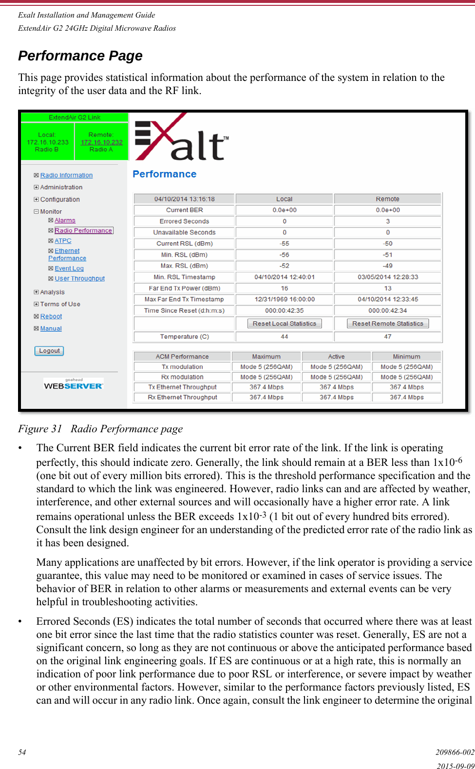 Exalt Installation and Management GuideExtendAir G2 24GHz Digital Microwave Radios54 209866-0022015-09-09Performance PageThis page provides statistical information about the performance of the system in relation to the integrity of the user data and the RF link. Figure 31   Radio Performance page• The Current BER field indicates the current bit error rate of the link. If the link is operating perfectly, this should indicate zero. Generally, the link should remain at a BER less than 1x10-6 (one bit out of every million bits errored). This is the threshold performance specification and the standard to which the link was engineered. However, radio links can and are affected by weather, interference, and other external sources and will occasionally have a higher error rate. A link remains operational unless the BER exceeds 1x10-3 (1 bit out of every hundred bits errored). Consult the link design engineer for an understanding of the predicted error rate of the radio link as it has been designed. Many applications are unaffected by bit errors. However, if the link operator is providing a service guarantee, this value may need to be monitored or examined in cases of service issues. The behavior of BER in relation to other alarms or measurements and external events can be very helpful in troubleshooting activities.• Errored Seconds (ES) indicates the total number of seconds that occurred where there was at least one bit error since the last time that the radio statistics counter was reset. Generally, ES are not a significant concern, so long as they are not continuous or above the anticipated performance based on the original link engineering goals. If ES are continuous or at a high rate, this is normally an indication of poor link performance due to poor RSL or interference, or severe impact by weather or other environmental factors. However, similar to the performance factors previously listed, ES can and will occur in any radio link. Once again, consult the link engineer to determine the original 