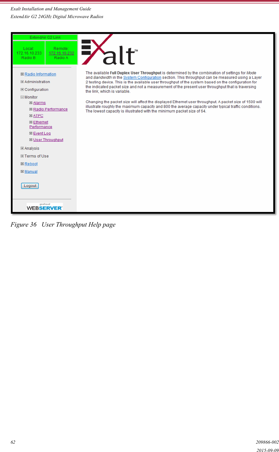 Exalt Installation and Management GuideExtendAir G2 24GHz Digital Microwave Radios62 209866-0022015-09-09.Figure 36   User Throughput Help page