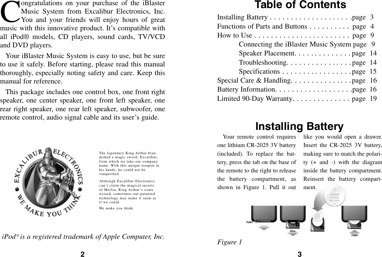 Page 2 of 11 - Excalibur-Electronic Excalibur-Electronic-Excalibur-Electronics-Inc-Car-Speaker-184-Users-Manual- 184 (MA) IBlaster Music System 030106 V7  Excalibur-electronic-excalibur-electronics-inc-car-speaker-184-users-manual