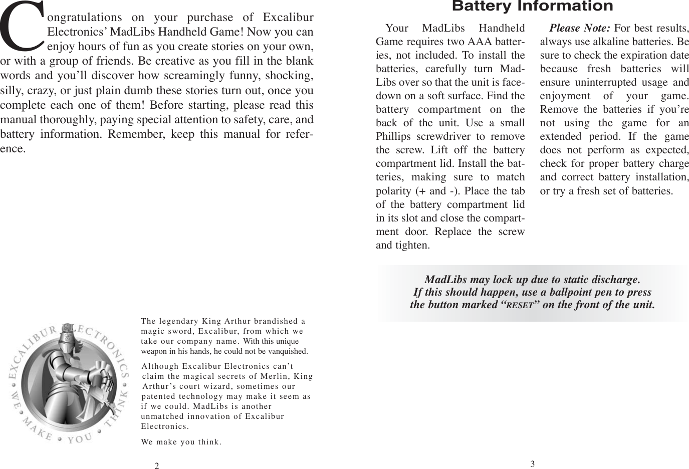 Page 2 of 7 - Excalibur-Electronic Excalibur-Electronic-Madlibs-398-Users-Manual-  Excalibur-electronic-madlibs-398-users-manual