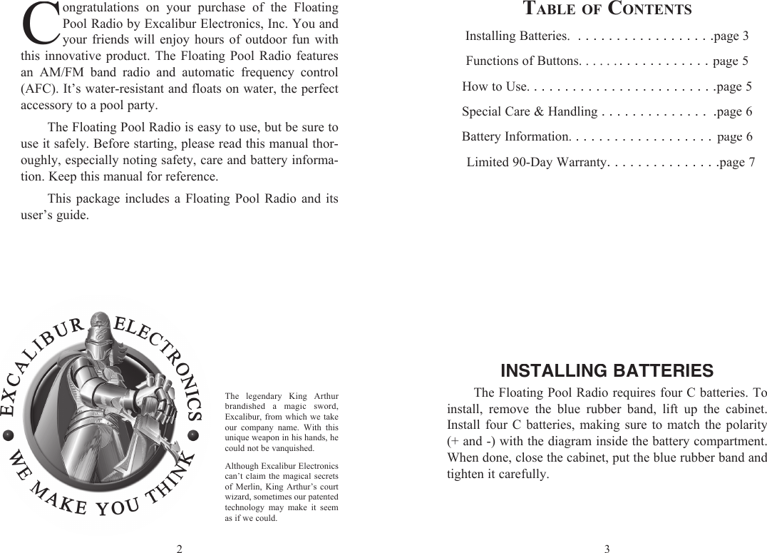 Page 2 of 5 - Excalibur-Electronic Excalibur-Electronic-Pr40S-1-Users-Manual- PR40 (MA) Floating Radio 010807 V3 Excalibur-electronic-pr40s-1-users-manual