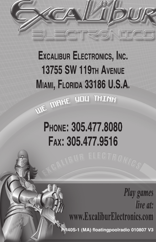 Page 5 of 5 - Excalibur-Electronic Excalibur-Electronic-Pr40S-1-Users-Manual- PR40 (MA) Floating Radio 010807 V3 Excalibur-electronic-pr40s-1-users-manual