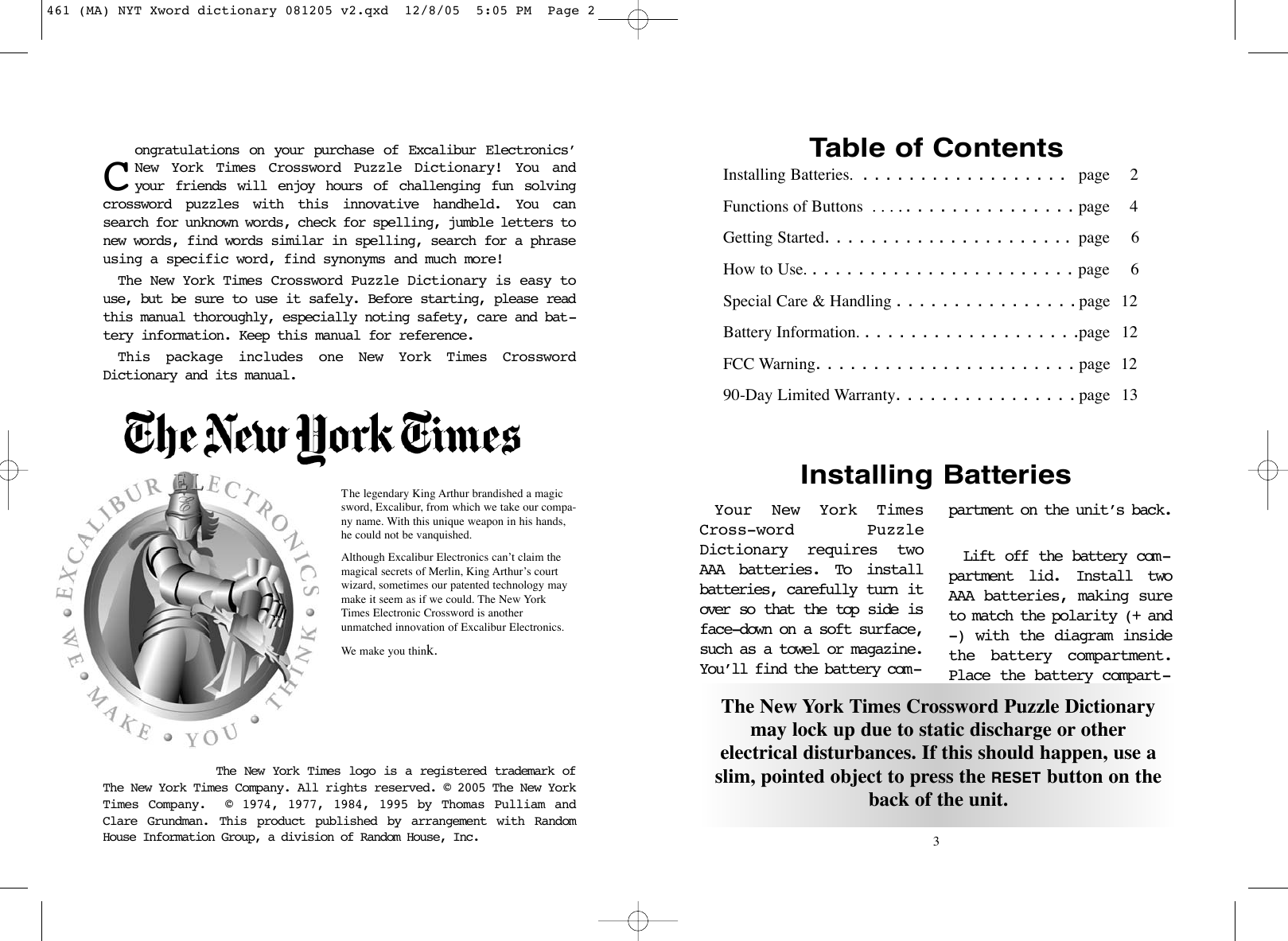 Page 2 of 8 - Excalibur-Electronic Excalibur-Electronic-The-New-York-Times-Crossword-Puzzle-Dictionary-461-Users-Manual- 461 (MA) NYT Xword Dictionary 081205 V2  Excalibur-electronic-the-new-york-times-crossword-puzzle-dictionary-461-users-manual