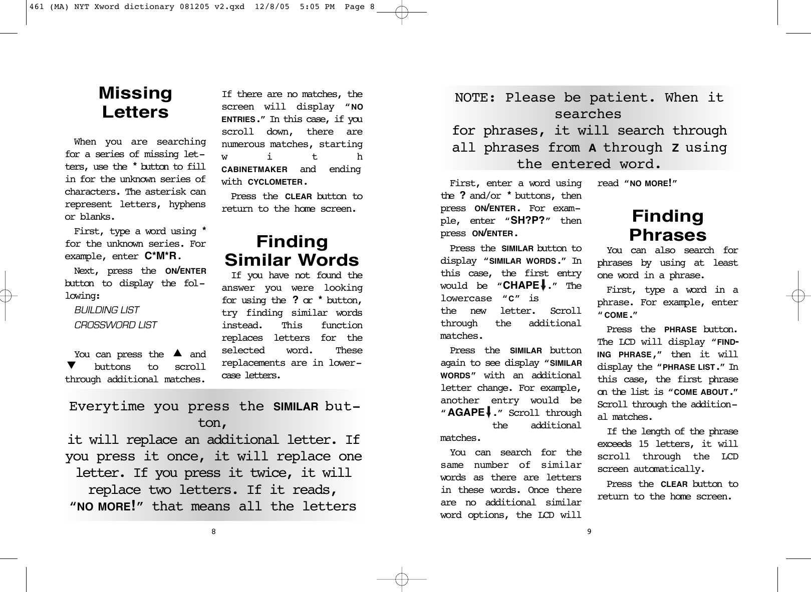 Page 5 of 8 - Excalibur-Electronic Excalibur-Electronic-The-New-York-Times-Crossword-Puzzle-Dictionary-461-Users-Manual- 461 (MA) NYT Xword Dictionary 081205 V2  Excalibur-electronic-the-new-york-times-crossword-puzzle-dictionary-461-users-manual