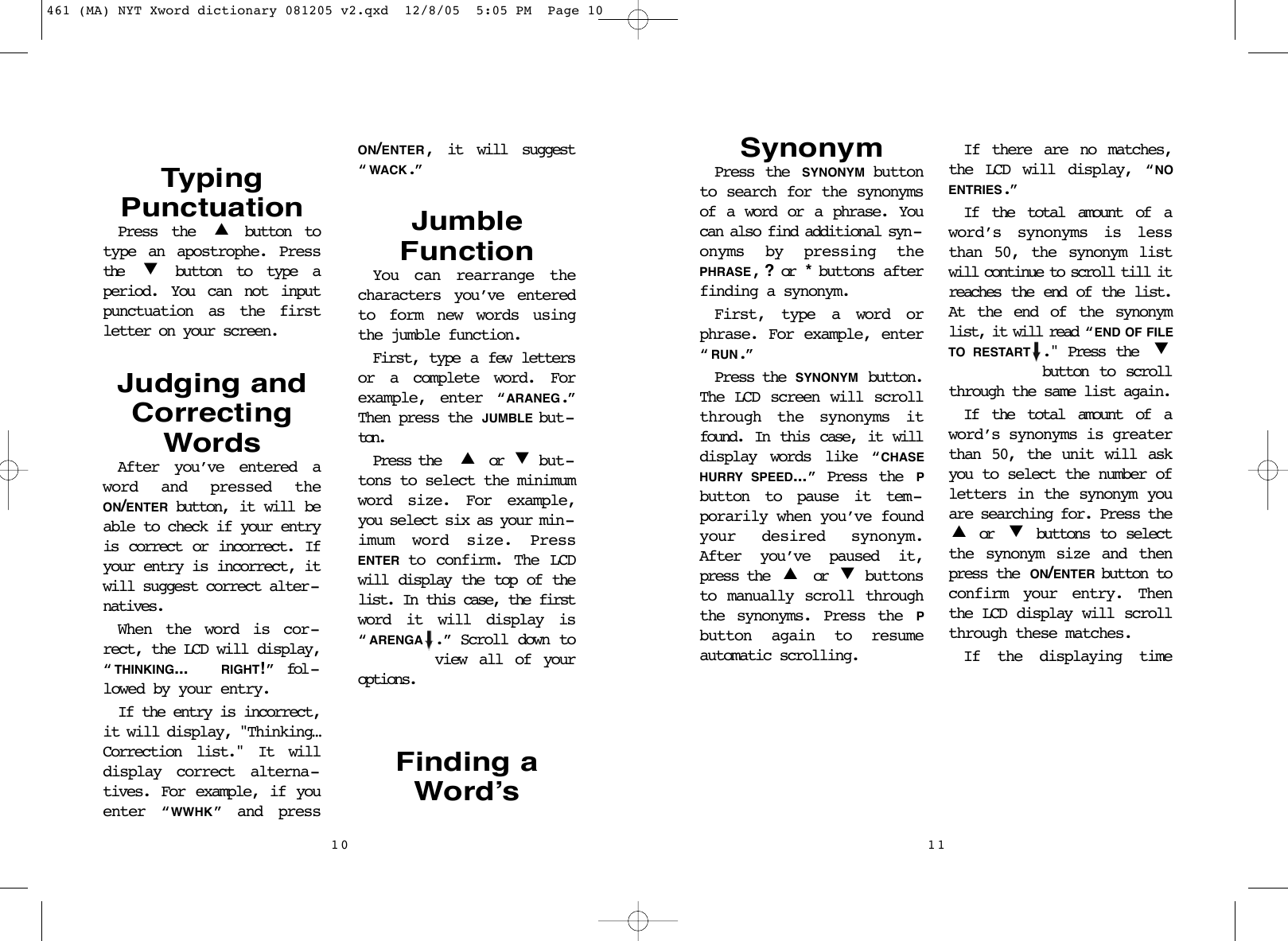 Page 6 of 8 - Excalibur-Electronic Excalibur-Electronic-The-New-York-Times-Crossword-Puzzle-Dictionary-461-Users-Manual- 461 (MA) NYT Xword Dictionary 081205 V2  Excalibur-electronic-the-new-york-times-crossword-puzzle-dictionary-461-users-manual