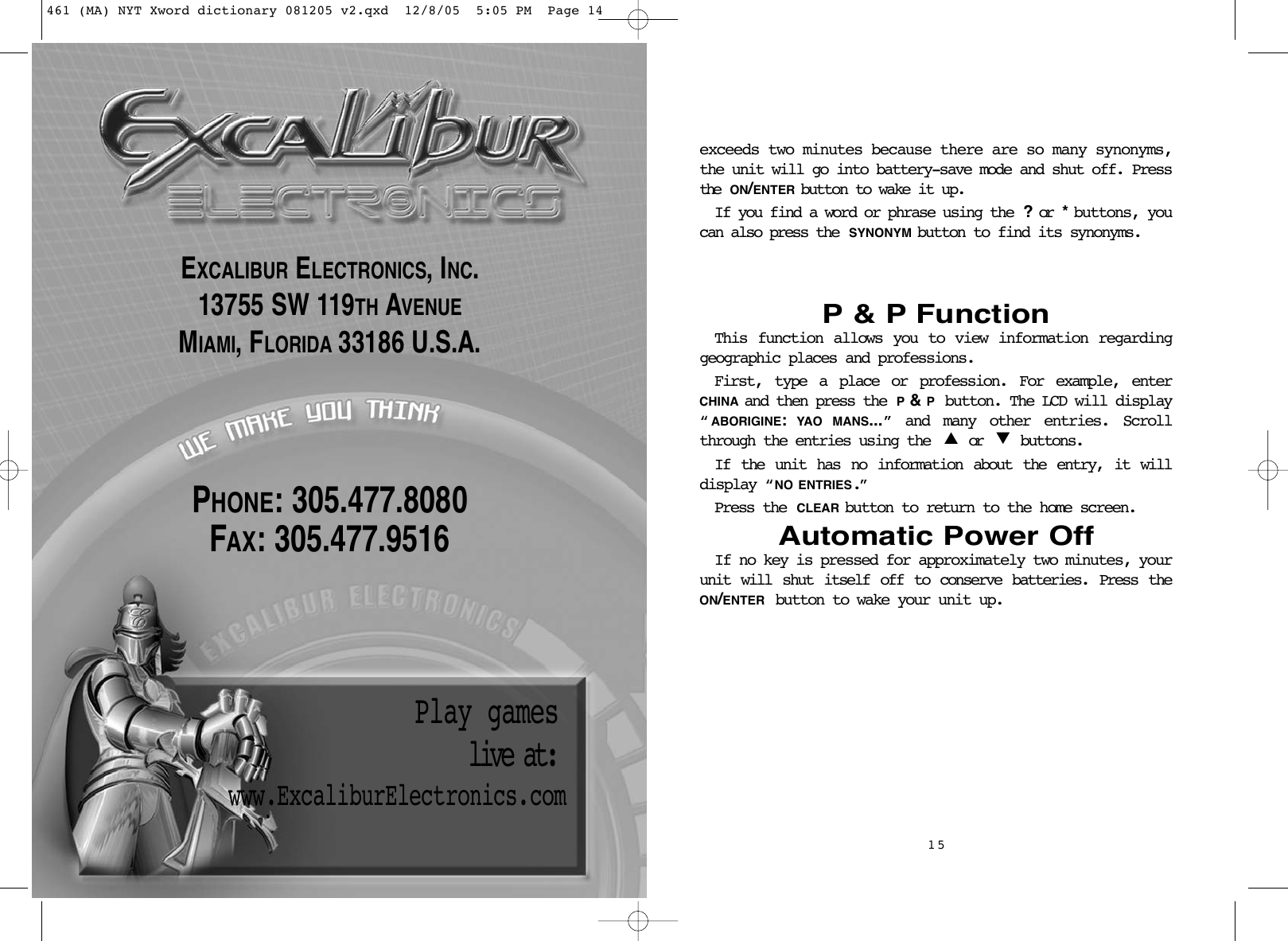 Page 8 of 8 - Excalibur-Electronic Excalibur-Electronic-The-New-York-Times-Crossword-Puzzle-Dictionary-461-Users-Manual- 461 (MA) NYT Xword Dictionary 081205 V2  Excalibur-electronic-the-new-york-times-crossword-puzzle-dictionary-461-users-manual