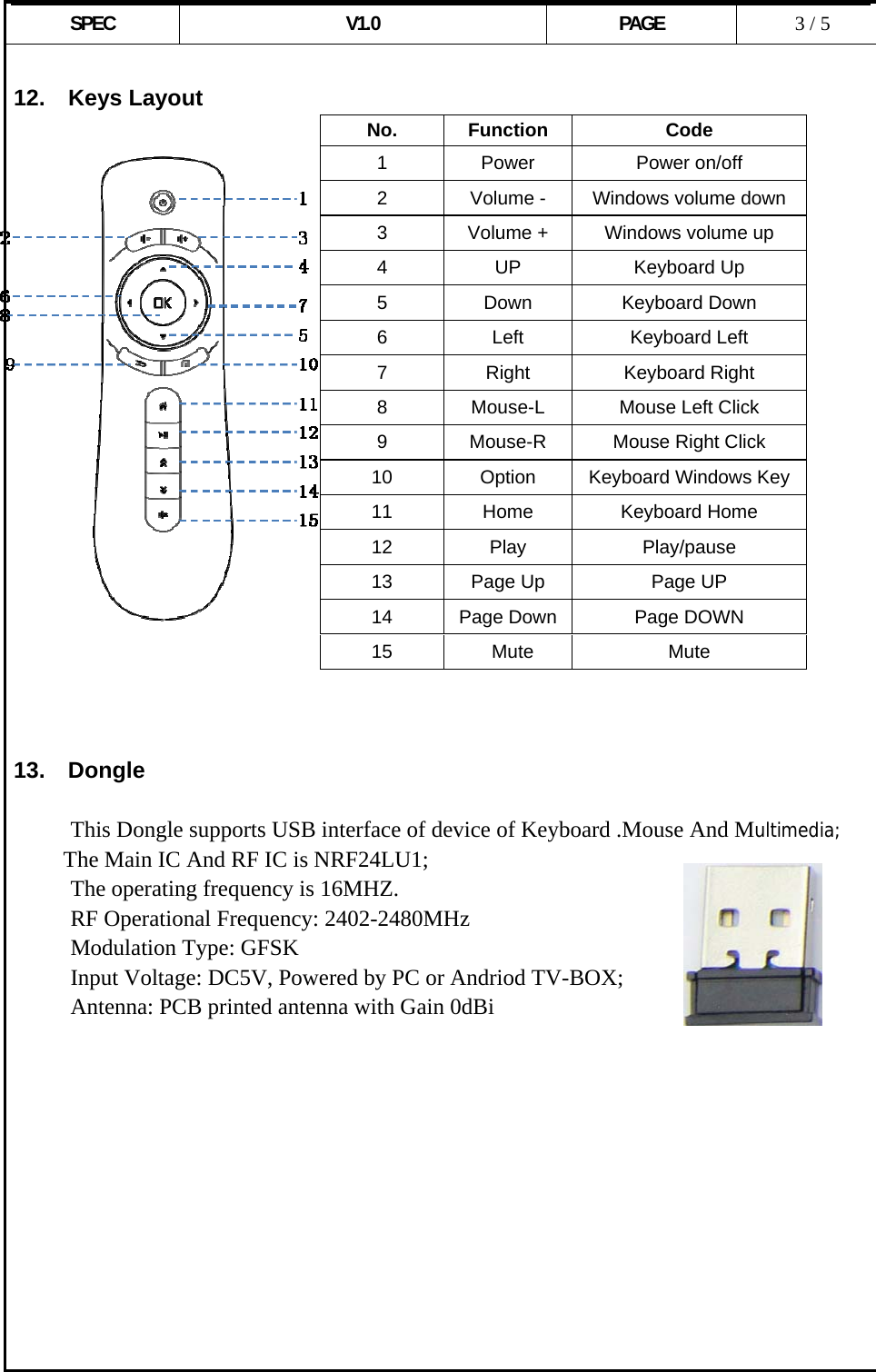  SPEC V1.0 PAGE   3 / 5  12.  Keys Layout                      13.  Dongle       This Dongle supports USB interface of device of Keyboard .Mouse And Multimedia; The Main IC And RF IC is NRF24LU1; The operating frequency is 16MHZ. RF Operational Frequency: 2402-2480MHz Modulation Type: GFSK Input Voltage: DC5V, Powered by PC or Andriod TV-BOX;  Antenna: PCB printed antenna with Gain 0dBi            No. Function  Code 1 Power  Power on/off 2  Volume -  Windows volume down 3  Volume +  Windows volume up 4 UP  Keyboard Up 5 Down Keyboard Down 6 Left Keyboard Left 7 Right Keyboard Right 8  Mouse-L  Mouse Left Click 9  Mouse-R  Mouse Right Click 10  Option  Keyboard Windows Key 11 Home Keyboard Home 12 Play  Play/pause 13  Page Up  Page UP 14  Page Down Page DOWN 15 Mute  Mute 