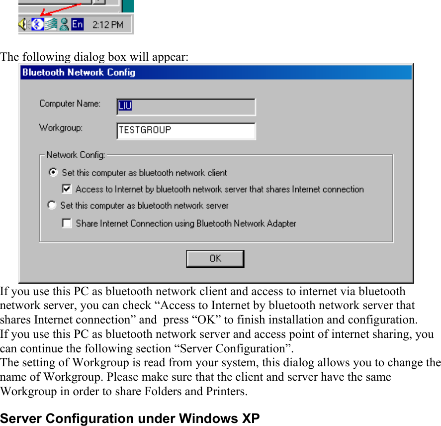   The following dialog box will appear:  If you use this PC as bluetooth network client and access to internet via bluetooth network server, you can check “Access to Internet by bluetooth network server that shares Internet connection” and  press “OK” to finish installation and configuration.  If you use this PC as bluetooth network server and access point of internet sharing, you can continue the following section “Server Configuration”. The setting of Workgroup is read from your system, this dialog allows you to change the name of Workgroup. Please make sure that the client and server have the same Workgroup in order to share Folders and Printers. Server Configuration under Windows XP   