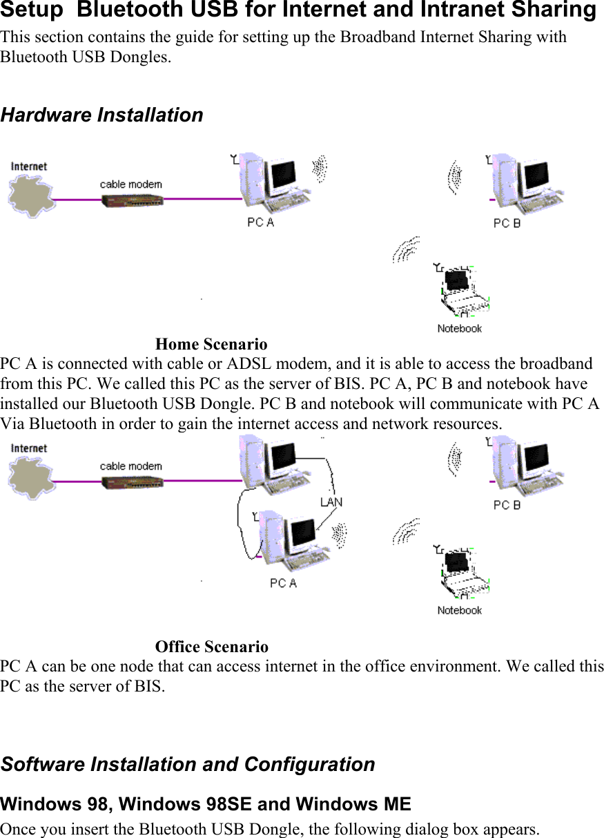  Setup  Bluetooth USB for Internet and Intranet Sharing This section contains the guide for setting up the Broadband Internet Sharing with  Bluetooth USB Dongles.  Hardware Installation      Home Scenario  PC A is connected with cable or ADSL modem, and it is able to access the broadband from this PC. We called this PC as the server of BIS. PC A, PC B and notebook have installed our Bluetooth USB Dongle. PC B and notebook will communicate with PC A Via Bluetooth in order to gain the internet access and network resources.      Office Scenario PC A can be one node that can access internet in the office environment. We called this PC as the server of BIS.    Software Installation and Configuration Windows 98, Windows 98SE and Windows ME Once you insert the Bluetooth USB Dongle, the following dialog box appears. 