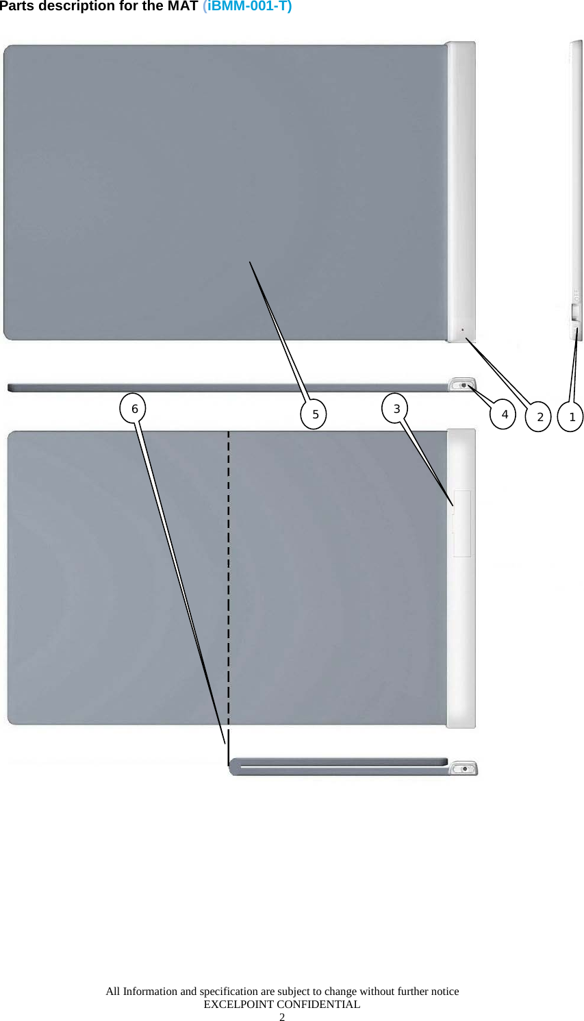  All Information and specification are subject to change without further notice EXCELPOINT CONFIDENTIAL 2   Parts description for the MAT (iBMM-001-T)     1 2 4 3 5 6 