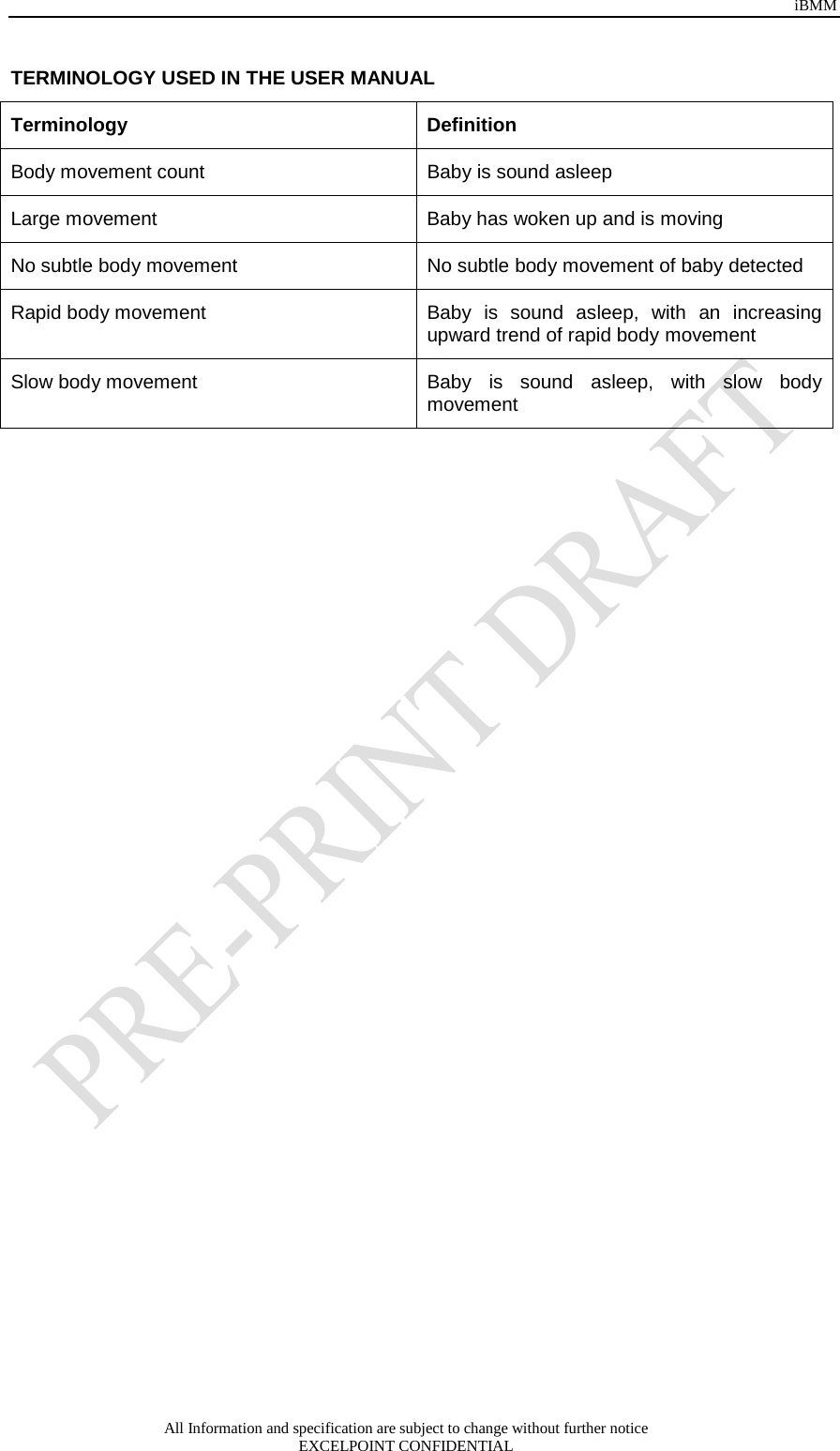 iBMM All Information and specification are subject to change without further notice EXCELPOINT CONFIDENTIAL   TERMINOLOGY USED IN THE USER MANUAL  Terminology Definition Body movement count Baby is sound asleep Large movement Baby has woken up and is moving No subtle body movement No subtle body movement of baby detected Rapid body movement   Baby is sound  asleep, with an increasing upward trend of rapid body movement  Slow body movement Baby is sound  asleep, with slow body movement   
