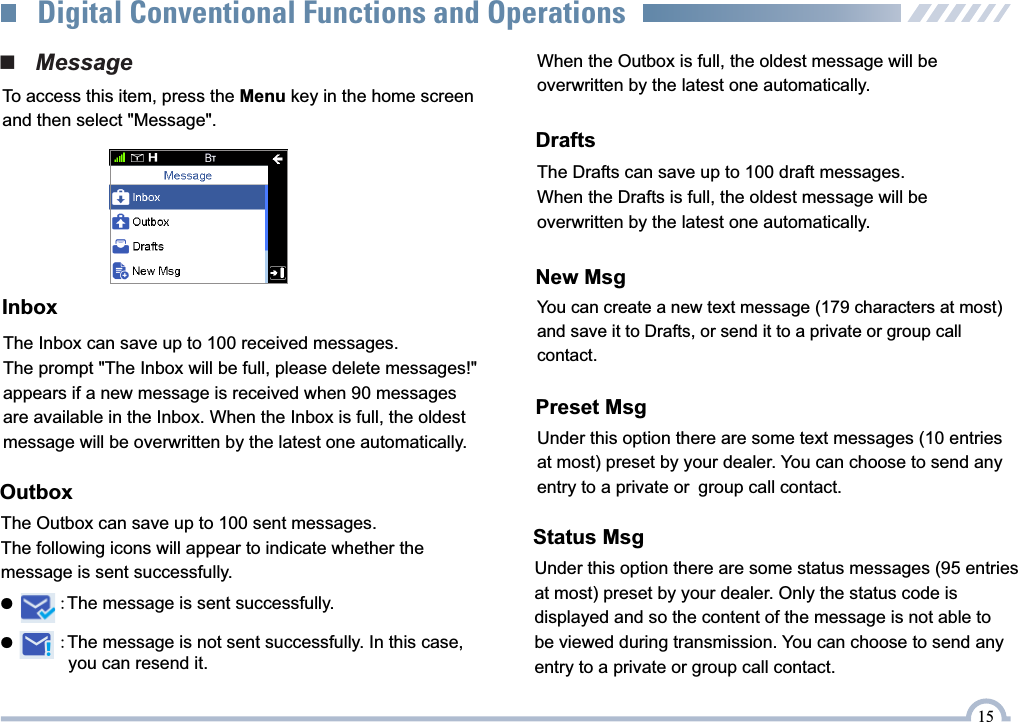 ■   MessageTo access this item, press the Menu key in the home screen and then select &quot;Message&quot;.InboxThe Inbox can save up to 100 received messages. The prompt &quot;The Inbox will be full, please delete messages!&quot; appears if a new message is received when 90 messagesare available in the Inbox. When the Inbox is full, the oldestmessage will be overwritten by the latest one automatically. OutboxThe Outbox can save up to 100 sent messages. The following icons will appear to indicate whether the message is sent successfully.●         :The message is not sent successfully. In this case, you can resend it.              ●         :The message is sent successfully.When the Outbox is full, the oldest message will be overwritten by the latest one automatically.DraftsThe Drafts can save up to 100 draft messages. When the Drafts is full, the oldest message will be overwritten by the latest one automatically. New MsgYou can create a new text message (179 characters at most) and save it to Drafts, or send it to a private or group call contact.Preset MsgUnder this option there are some text messages (10 entries at most) preset by your dealer. You can choose to send any entry to a private or group call contact.15Digital Conventional Functions and OperationsStatus MsgUnder this option there are some status messages (95 entries at most) preset by your dealer. Only the status code is displayed and so the content of the message is not able to be viewed during transmission. You can choose to send any entry to a private or group call contact.