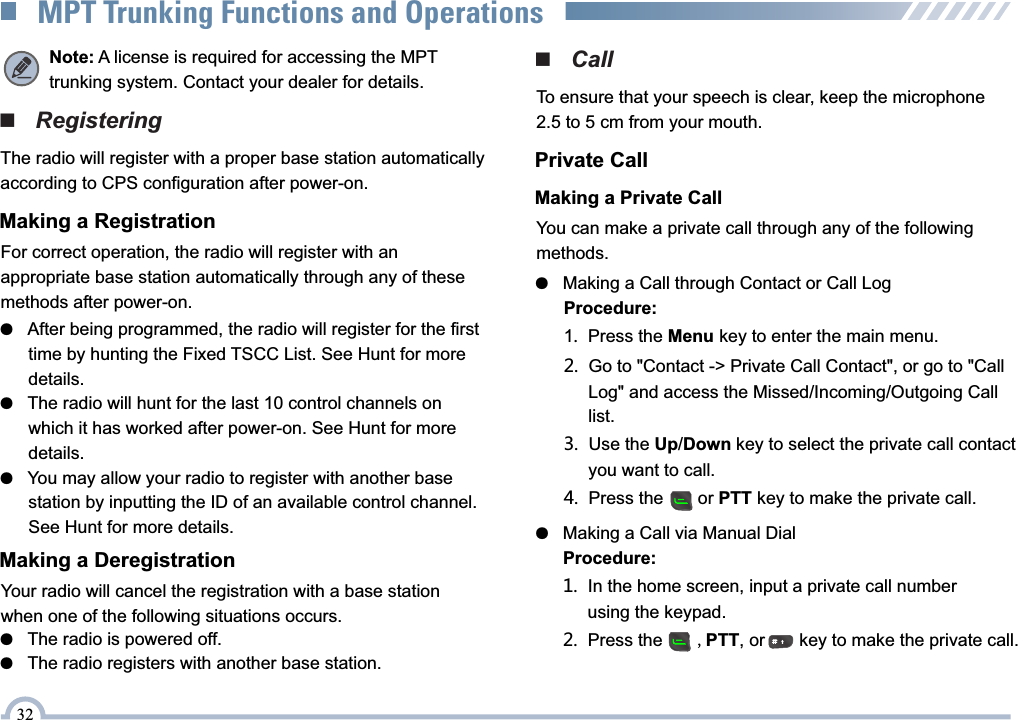 32MPT Trunking Functions and Operations■   RegisteringThe radio will register with a proper base station automatically according to CPS configuration after power-on.For correct operation, the radio will register with an appropriate base station automatically through any of these methods after power-on.Making a Registration●   After being programmed, the radio will register for the first         time by hunting the Fixed TSCC List. See Hunt for more         details.●   The radio will hunt for the last 10 control channels on       which it has worked after power-on. See Hunt for more       details.●   You may allow your radio to register with another base        station by inputting the ID of an available control channel.       See Hunt for more details.Your radio will cancel the registration with a base station when one of the following situations occurs.Making a Deregistration●   The radio is powered off.●   The radio registers with another base station.■   CallPrivate CallYou can make a private call through any of the following methods.Making a Private Call●   Making a Call through Contact or Call LogProcedure:1.  Press the Menu key to enter the main menu.2.  Go to &quot;Contact -&gt; Private Call Contact&quot;, or go to &quot;Call       Log&quot; and access the Missed/Incoming/Outgoing Call      list.3.  Use the Up/Down key to select the private call contact      you want to call.4.  Press the       or PTT key to make the private call.●   Making a Call via Manual DialProcedure:1.  In the home screen, input a private call number      using the keypad.2.  Press the       ,PTT, or       key to make the private call. To ensure that your speech is clear, keep the microphone 2.5 to 5 cm from your mouth.Note: A license is required for accessing the MPTtrunking system. Contact your dealer for details.