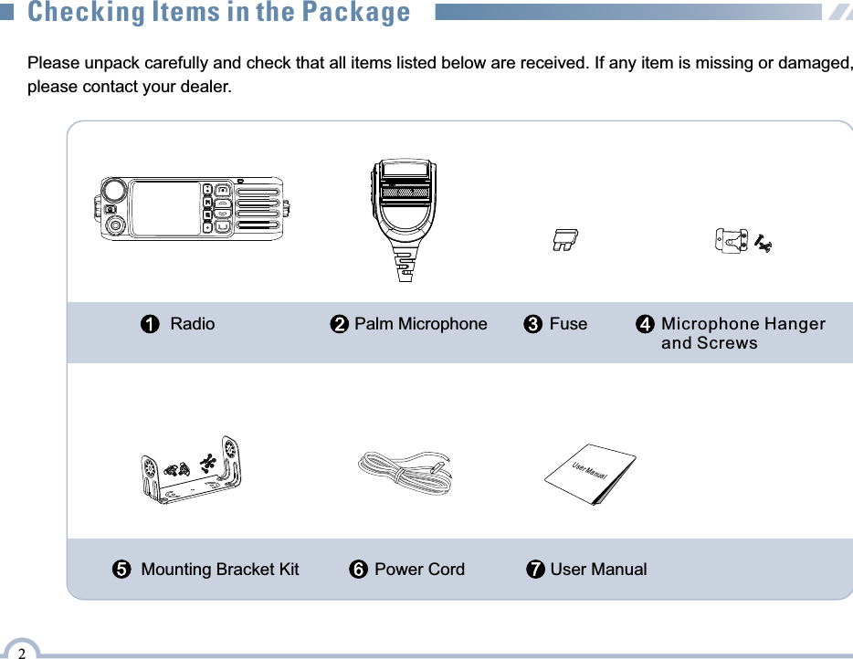 Please unpack carefully and check that all items listed below are received. If any item is missing or damaged, please contact your dealer.  Mounting Bracket Kit Power Cord                                User ManualRadio Palm Microphone                                      Fuse                           Microphone Hanger and ScrewsChecking Items in the Package2User Manual