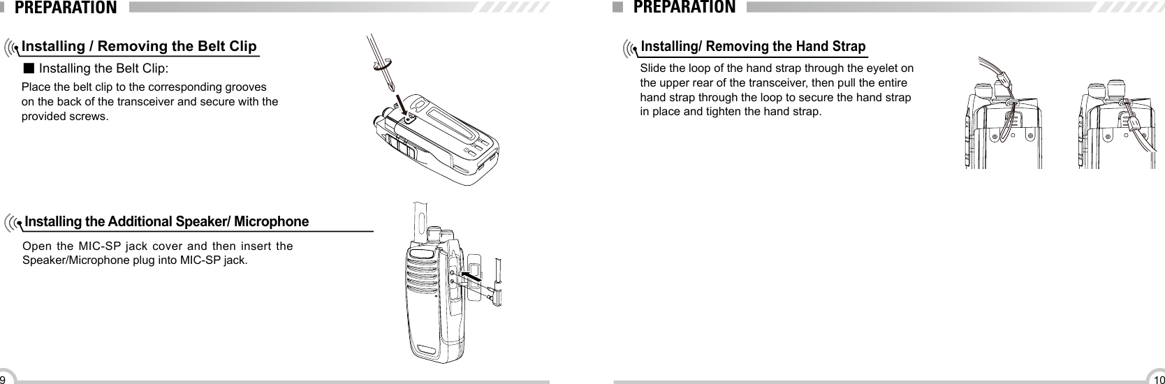 109PREPARATIONInstalling / Removing the Belt Clip■ Installing the Belt Clip:Place the belt clip to the corresponding grooveson the back of the transceiver and secure with theprovided screws.Installing the Additional Speaker/ Microphone Open the MIC-SP jack cover and then insert the Speaker/Microphone plug into MIC-SP jack.PREPARATIONInstalling/ Removing the Hand Strap Slide the loop of the hand strap through the eyelet onthe upper rear of the transceiver, then pull the entirehand strap through the loop to secure the hand strapin place and tighten the hand strap.