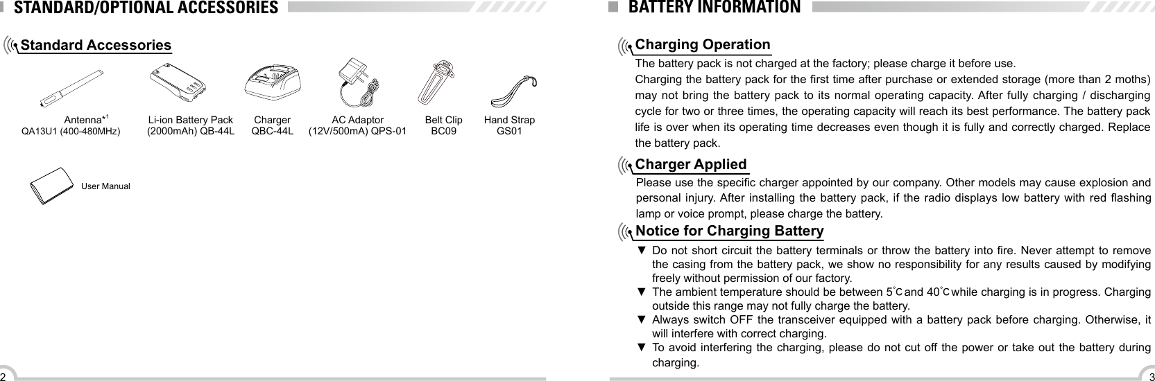 32STANDARD/OPTIONAL ACCESSORIESStandard AccessoriesAntenna*1QA13U1 (400-480MHz) Li-ion Battery Pack (2000mAh) QB-44LCharger QBC-44LAC Adaptor (12V/500mA) QPS-01Belt Clip  BC09User ManualHand Strap GS01BATTERY INFORMATIONCharging OperationThe battery pack is not charged at the factory; please charge it before use.Charging the battery pack for the rst time after purchase or extended storage (more than 2 moths) may not bring the battery pack to its normal operating capacity. After fully charging / discharging cycle for two or three times, the operating capacity will reach its best performance. The battery pack life is over when its operating time decreases even though it is fully and correctly charged. Replace the battery pack.Charger AppliedPlease use the specic charger appointed by our company. Other models may cause explosion and personal injury. After installing the  battery  pack, if the radio displays  low  battery with red ashing lamp or voice prompt, please charge the battery.Notice for Charging Battery ▼Do not short circuit the battery terminals or throw the battery into re. Never attempt to remove the casing from the battery pack, we show no responsibility for any results caused by modifying freely without permission of our factory. ▼The ambient temperature should be between 5℃and 40℃while charging is in progress. Charging outside this range may not fully charge the battery. ▼Always switch OFF the transceiver equipped with a battery pack before charging. Otherwise, it will interfere with correct charging. ▼To avoid interfering the charging, please do not cut off the power or take out the battery during charging.