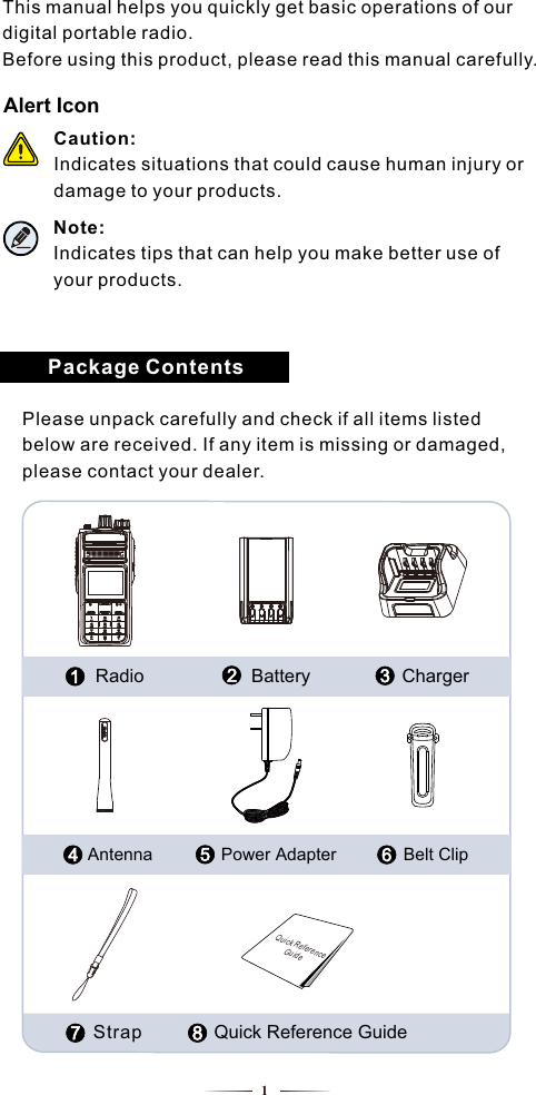 1This manual helps you quickly get basic operations of our digital portable radio.Before using this product, please read this manual carefully.Package ContentsAlert IconCaution:Indicates situations that could cause human injury or damage to your products. Note: Indicates tips that can help you make better use of your products.Please unpack carefully and check if all items listed below are received. If any item is missing or damaged, please contact your dealer.Quick Reference GuideRadio   Battery                                       Charger                             Antenna                                      Power Adapter        Belt ClipStrap   Quick Reference Guide                          